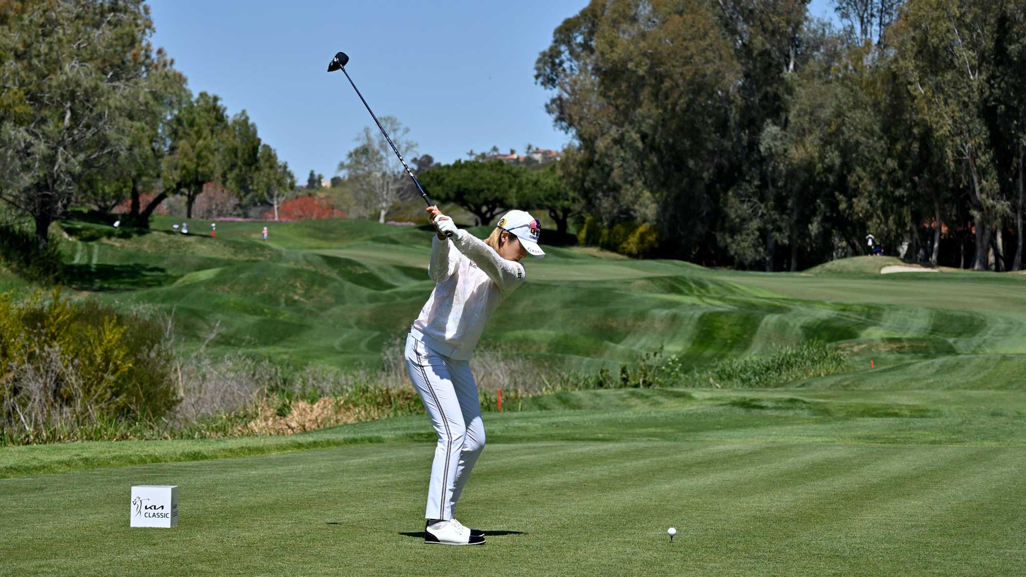 Mi Jung Hur of South Korea tees off the 2nd hole plays during the Round Three of the KIA Classic at the Aviara Golf Club on March 27, 2021 in Carlsbad, California. 