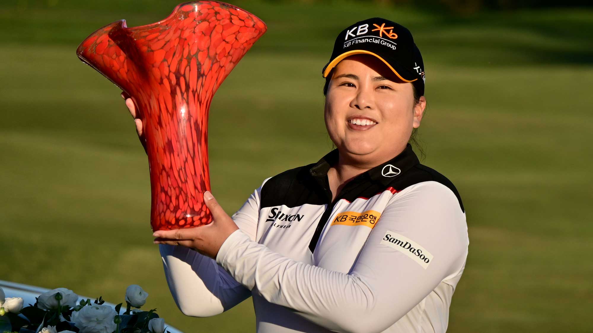 Inbee Park of South Korea holds the winners trophy after her -14 under par victory during the Final Round of the KIA Classic at the Aviara Golf Club on March 28, 2021 in Carlsbad, California.