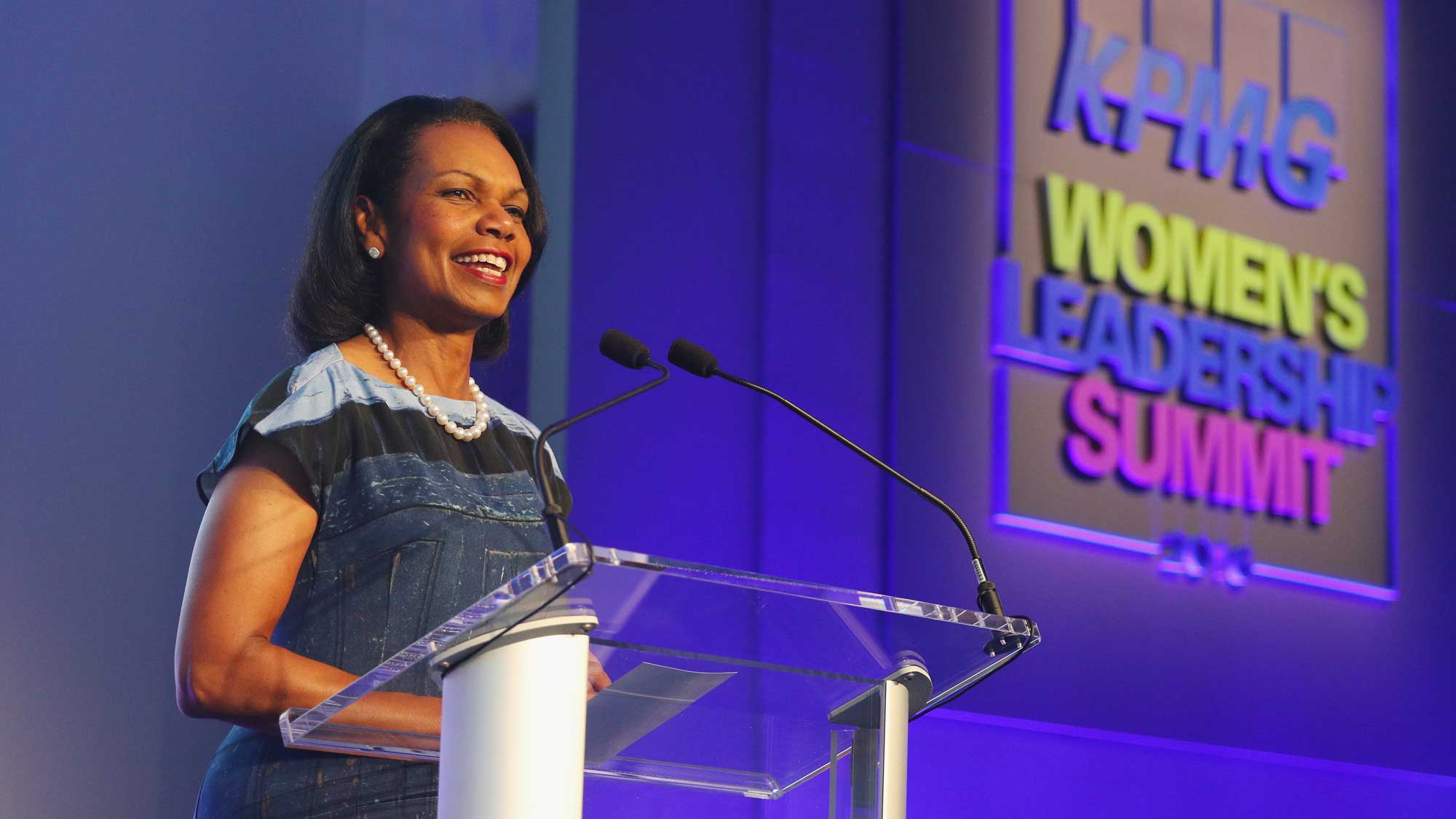 Former Secretary of State Condoleezza Rice speaks during the KPMG Women's Leadership Summit prior to the start of the KPMG Women's PGA Championship