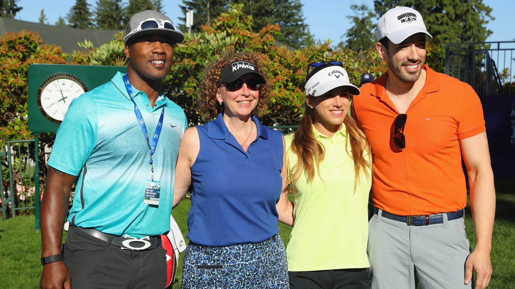 Lawyer Milloy, Laura Newinski of KPMG, Belen Mozo of Spain and HGTV's Drew Scott pose on the first tee during the pro-am prior to the start of the KPMG Women's PGA Championship