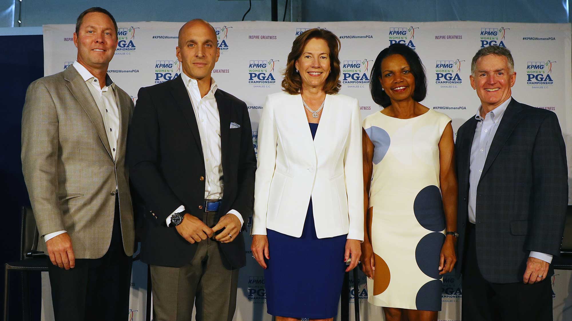 (L-R) Mike Whan, LPGA Commissioner, Peter Bevacqua, CEO of the PGA of America, Lynne Doughtie, U.S. Chairman and CEO of KPMG, former Secretary of State Condoleezza Rice and John Veihmeyer, Chairman KPMG International greet the media prior to the start of the KPMG Women's PGA Championship