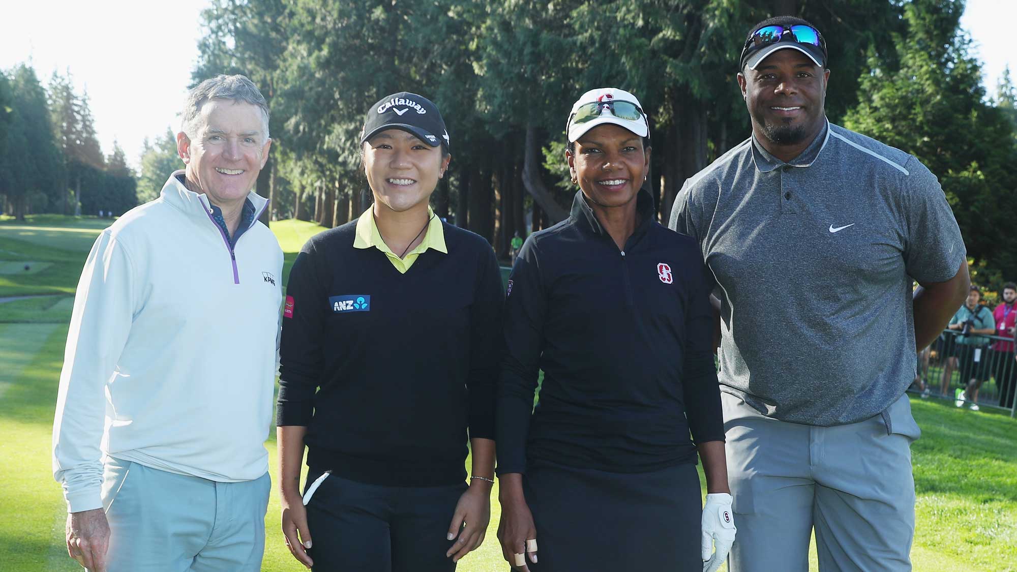 John Veihmeyer of KPMG, Lydia Ko of New Zealand, Condoleezza Rice and Ken Griffey Jr. pose together on the first tee during the pro-am prior to the start of the KPMG Women's PGA Championship