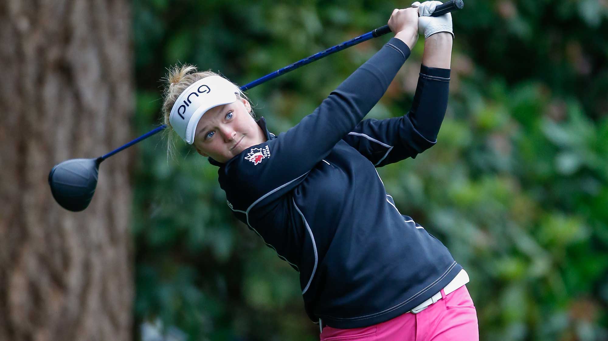 Brooke Henderson hits a tee shot on the 11th tee during the first round of the KPMG Women's PGA Championship