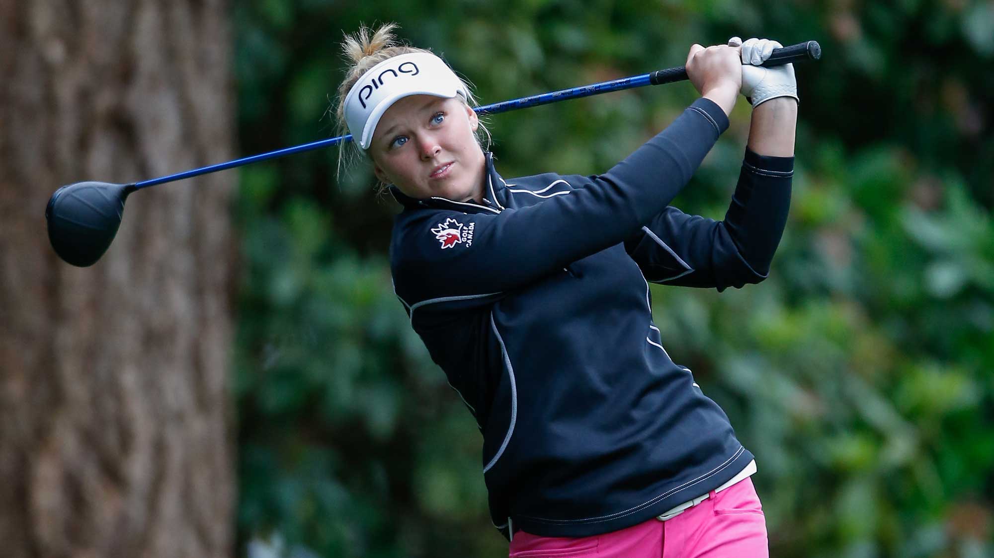 Brooke Henderson hits a tee shot on the 11th tee during the first round of the KPMG Women's PGA Championship