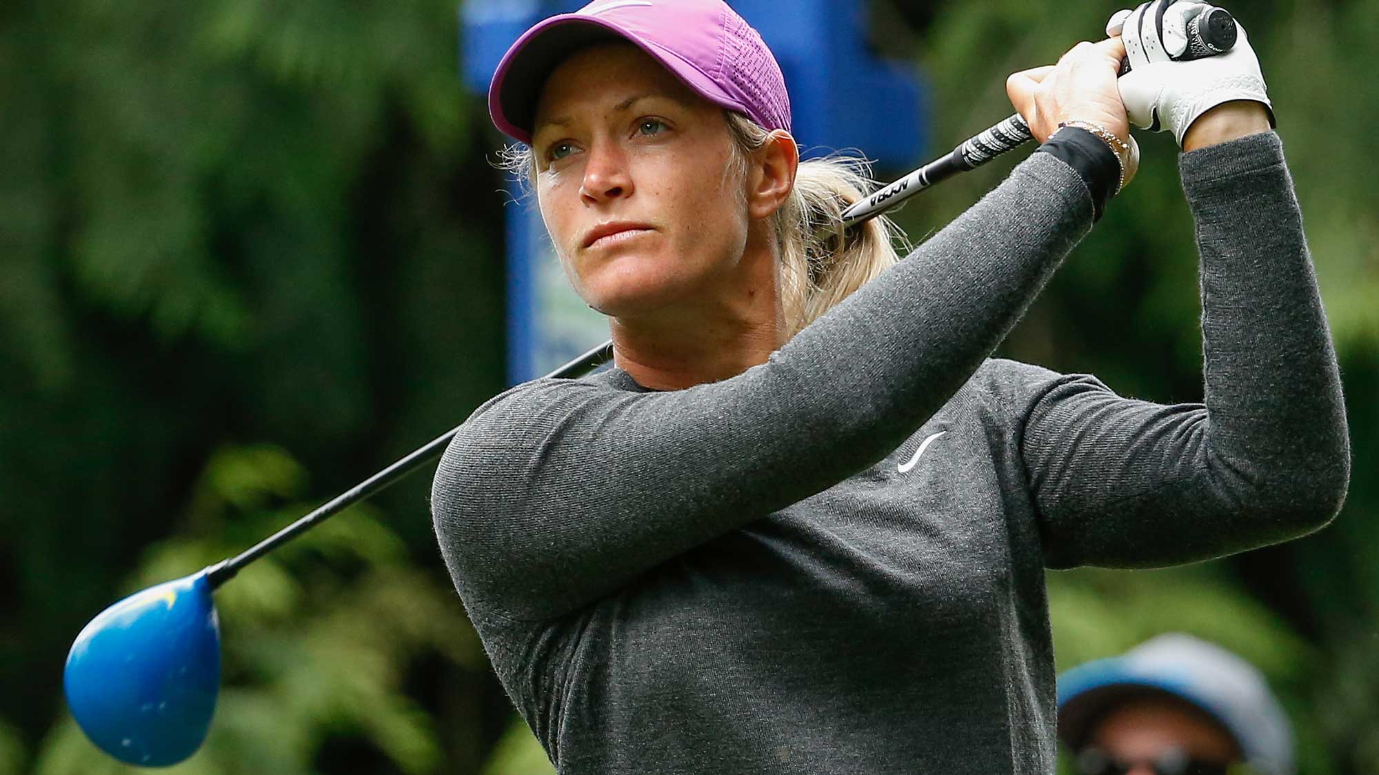 Suzann Pettersen of Norway hits a tee shot on the fourth tee during the second round of the KPMG Women's PGA Championship