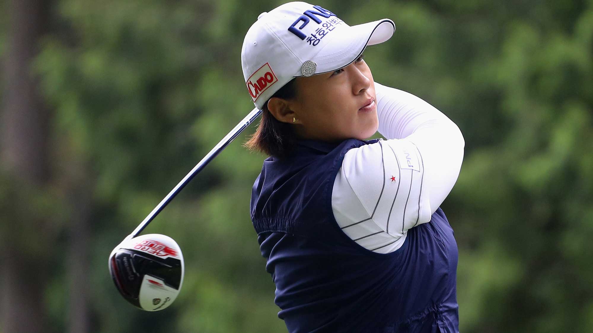 Amy Yang of South Korea hits her tee shot on the 18th hole during the third round of the KPMG Women's PGA Championship