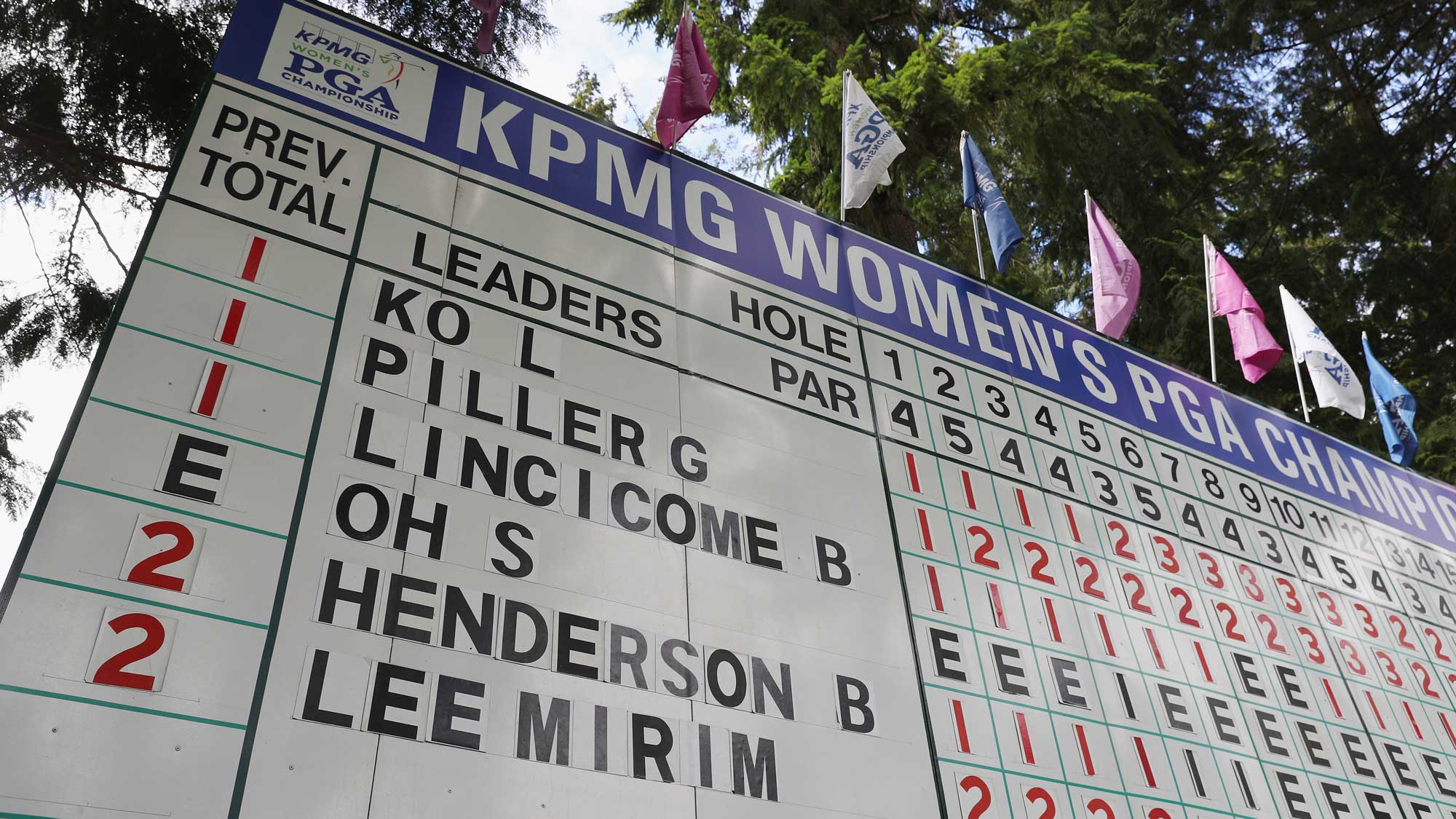 A leaderbaord is seen near the 18th green during the third round of the KPMG Women's PGA Championship