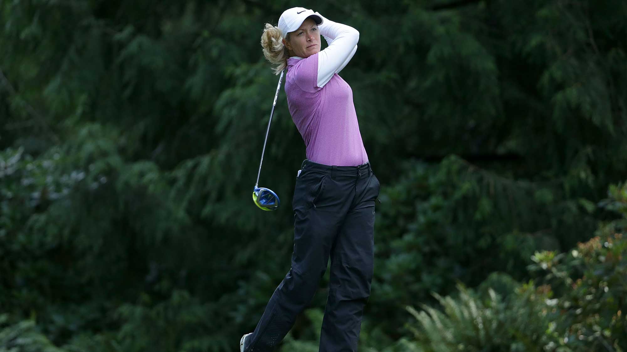 Suzann Pettersen of Norway hits a tee shot on the fourth hole during the third round of the KPMG Women's PGA Championship