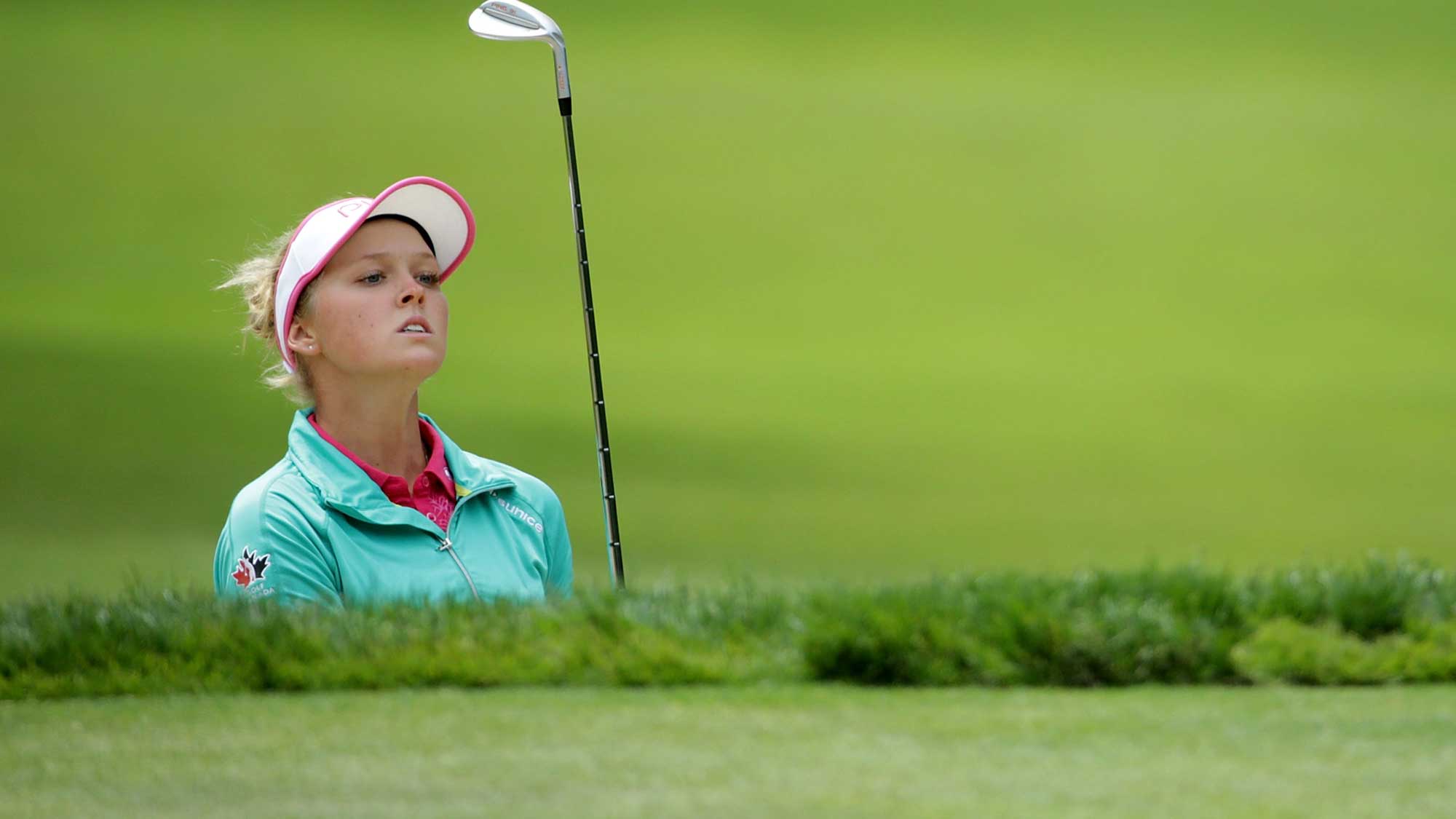 Brooke Henderson of Canada watches her bunker shot on the sixth hole during the final round of the KPMG Women's PGA Championship