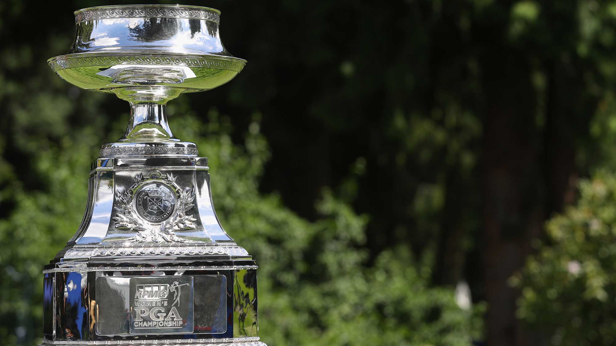 The winner's trophy is seen on the first tee during the final round of the KPMG Women's PGA Championship 