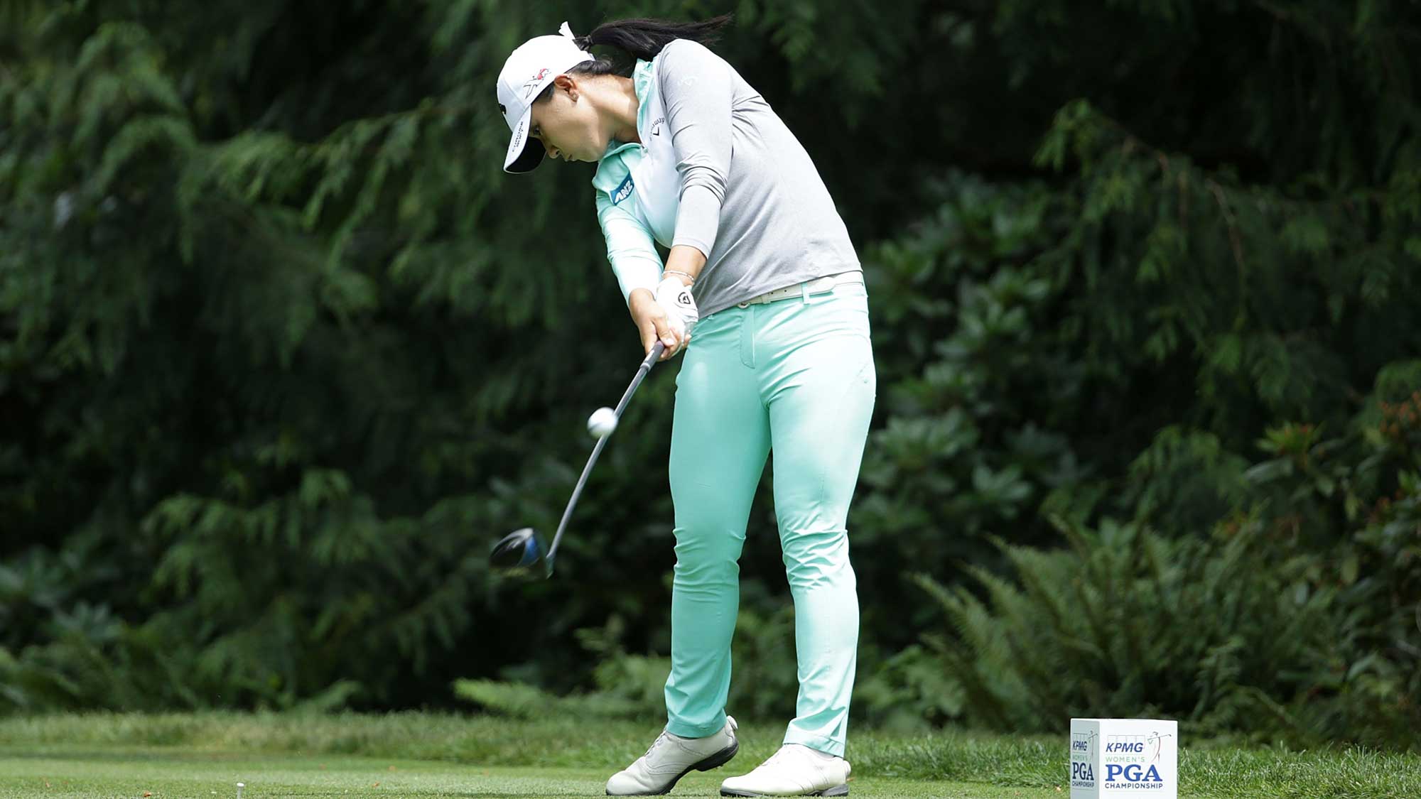 Lydia Ko of New Zealand hits a tee shot on the fourth hole during the final round of the KPMG Women's PGA Championship