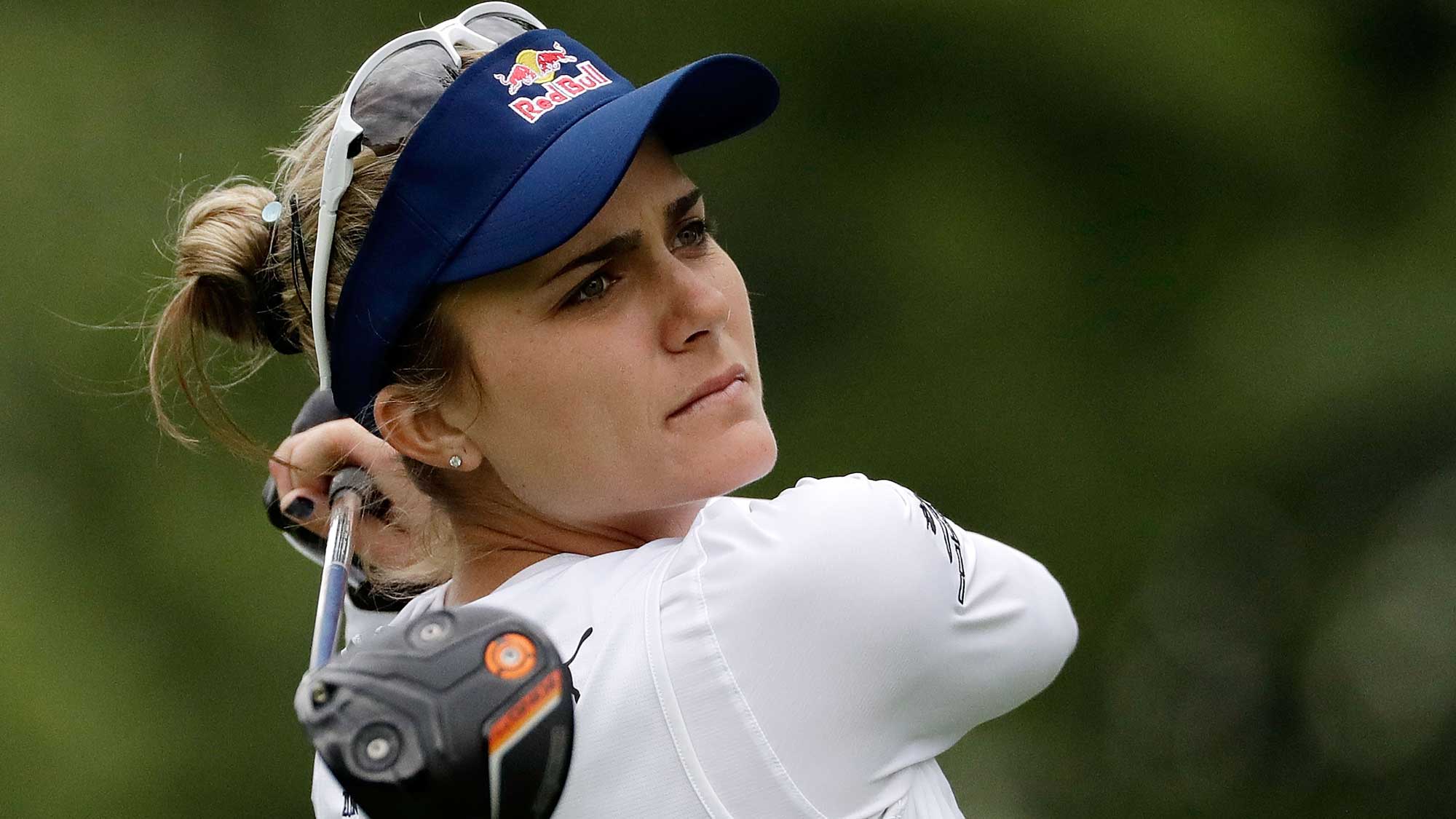Lexi Thompson hits her tee shot on the sixth hole during a practice round prior to the 2017 KPMG PGA Championship