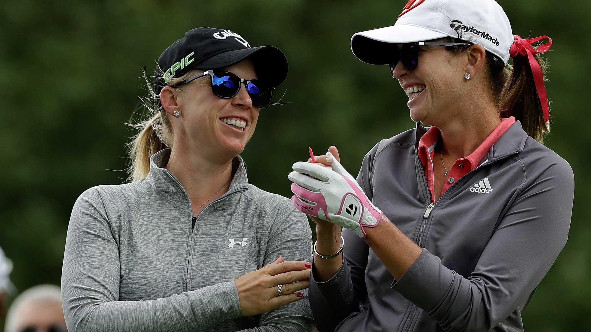 (L) Morgan Pressel and (R) Paula Creamer laugh together on the third tee during a practice round prior to the 2017 KPMG PGA Championship 