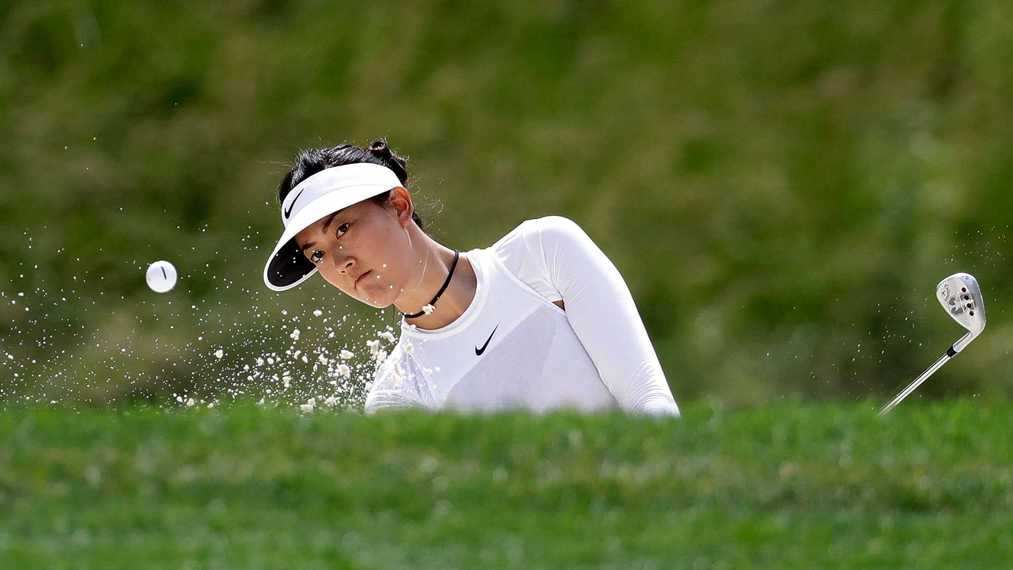 Michelle Wie hits from a green side bunker on the seventh hole during the first round of the 2017 KPMG PGA Championship