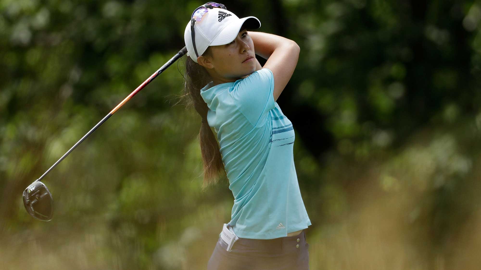 Danielle Kang hits her tee shot on the fifth hole during the third round of the 2017 KPMG PGA Championship