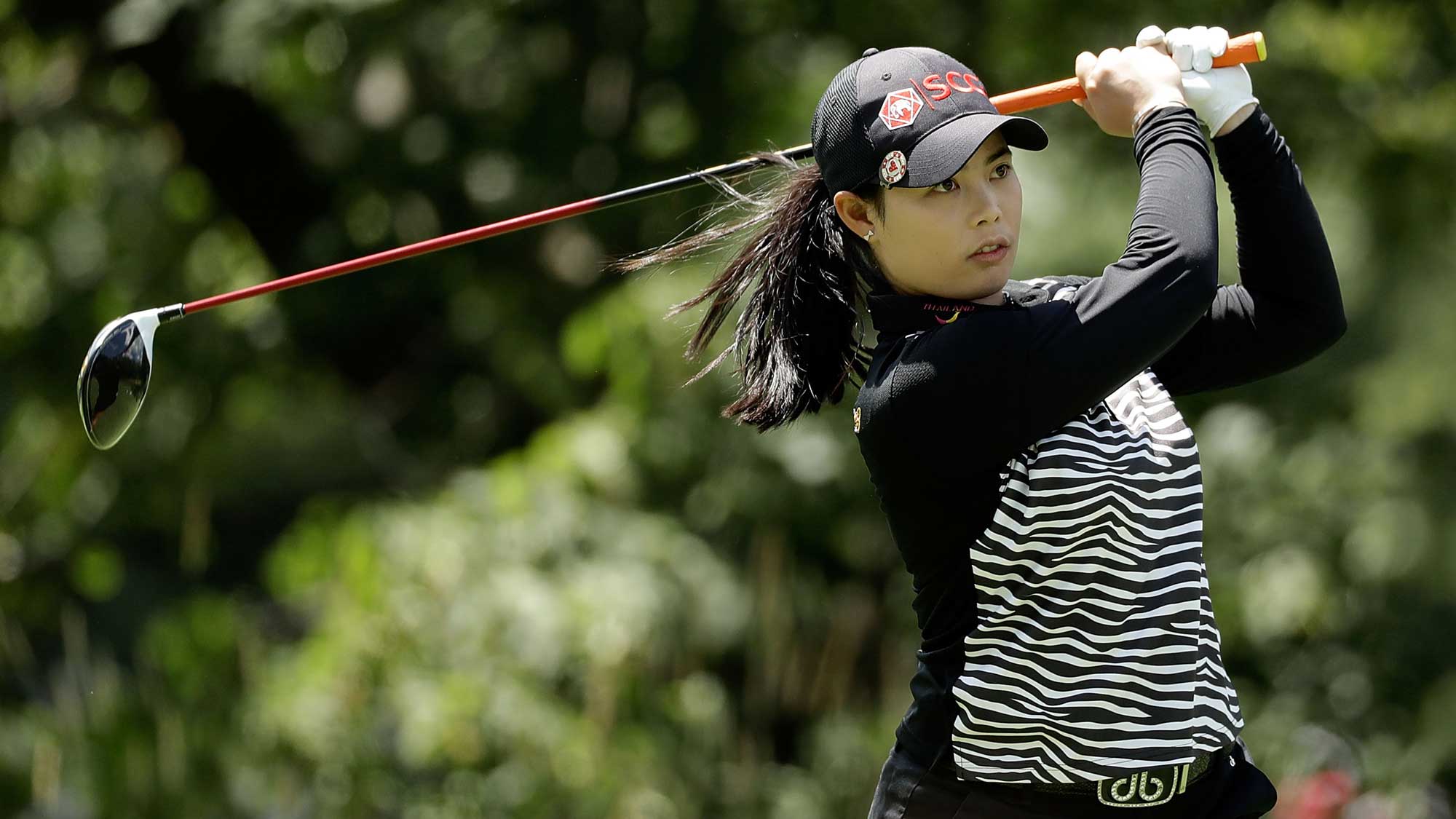 Moriya Jutanugarn of Thailand hits her tee shot on the fifth hole during the third round of the 2017 KPMG PGA Championship