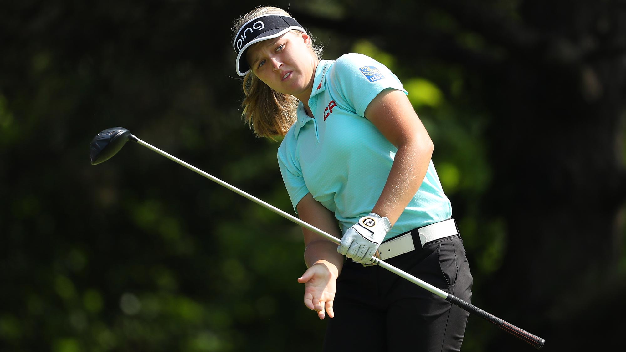 Brooke Henderson watches her drive on the second hole during the final round of the 2018 KPMG Women's PGA Championship