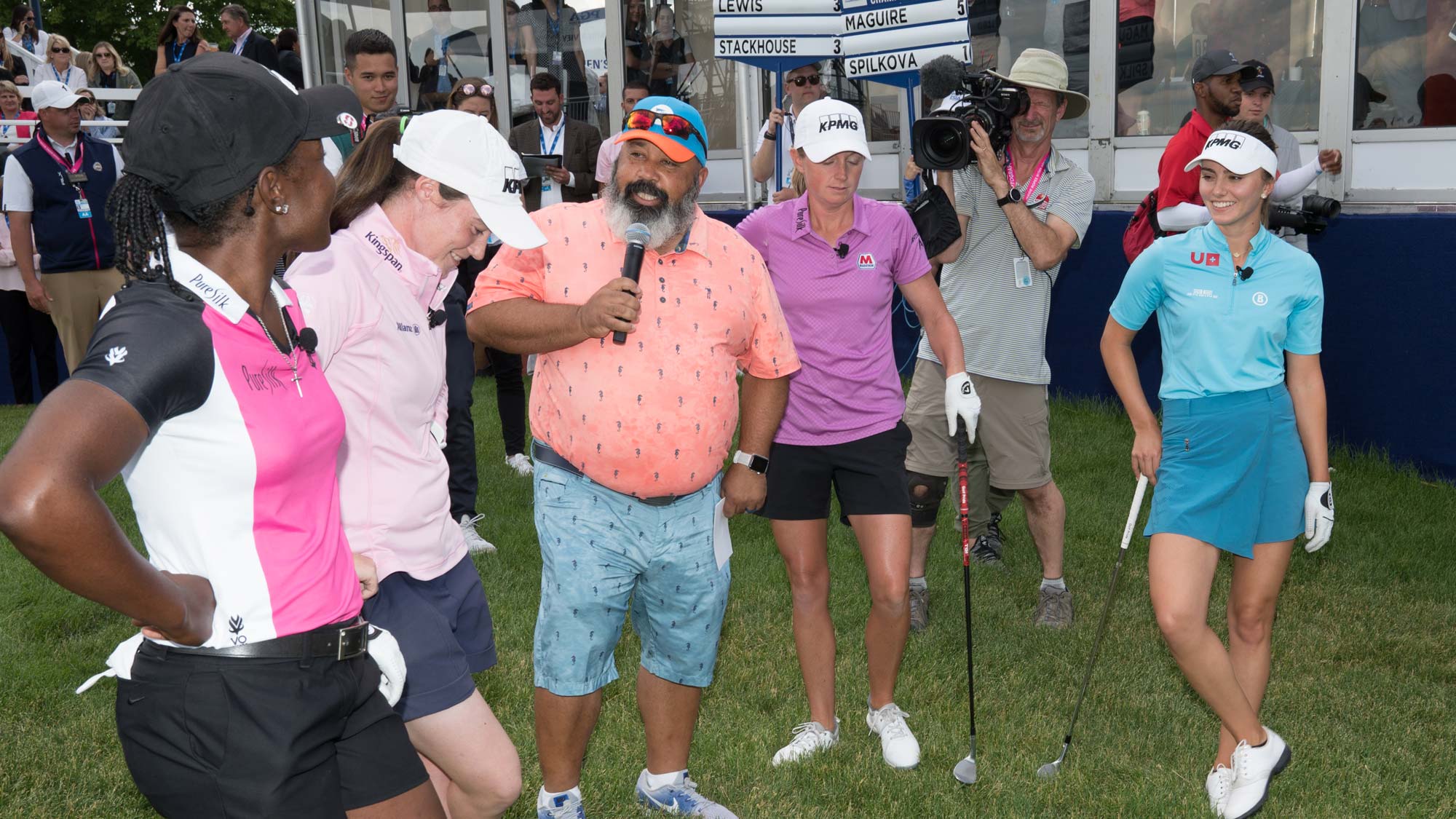 ESPN Golf Analyst, Michael Collins speaks to Leona Maguire, Mariah Stackhouse, Stacy Lewis and Klara Spilkova during the KPMG Player Showcase for the 65th KPMG Women’s PGA Championship 