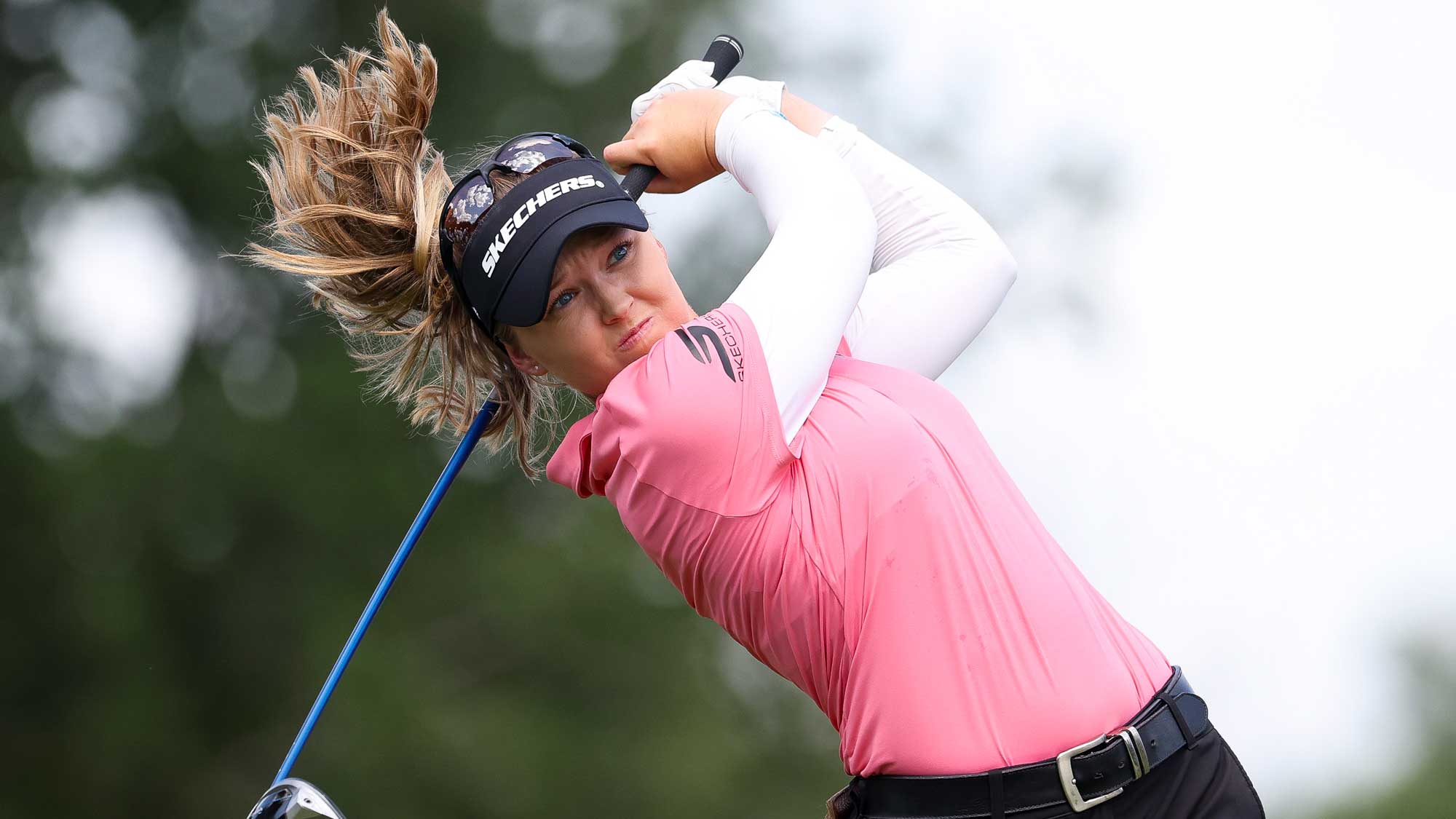 Brooke M. Henderson of Canada hits a tee shot on the 14th hole during the second round of the KPMG Women's PGA Championship 2025 at Fields Ranch East at PGA Frisco on June 20, 2025 in Frisco, Texas.
