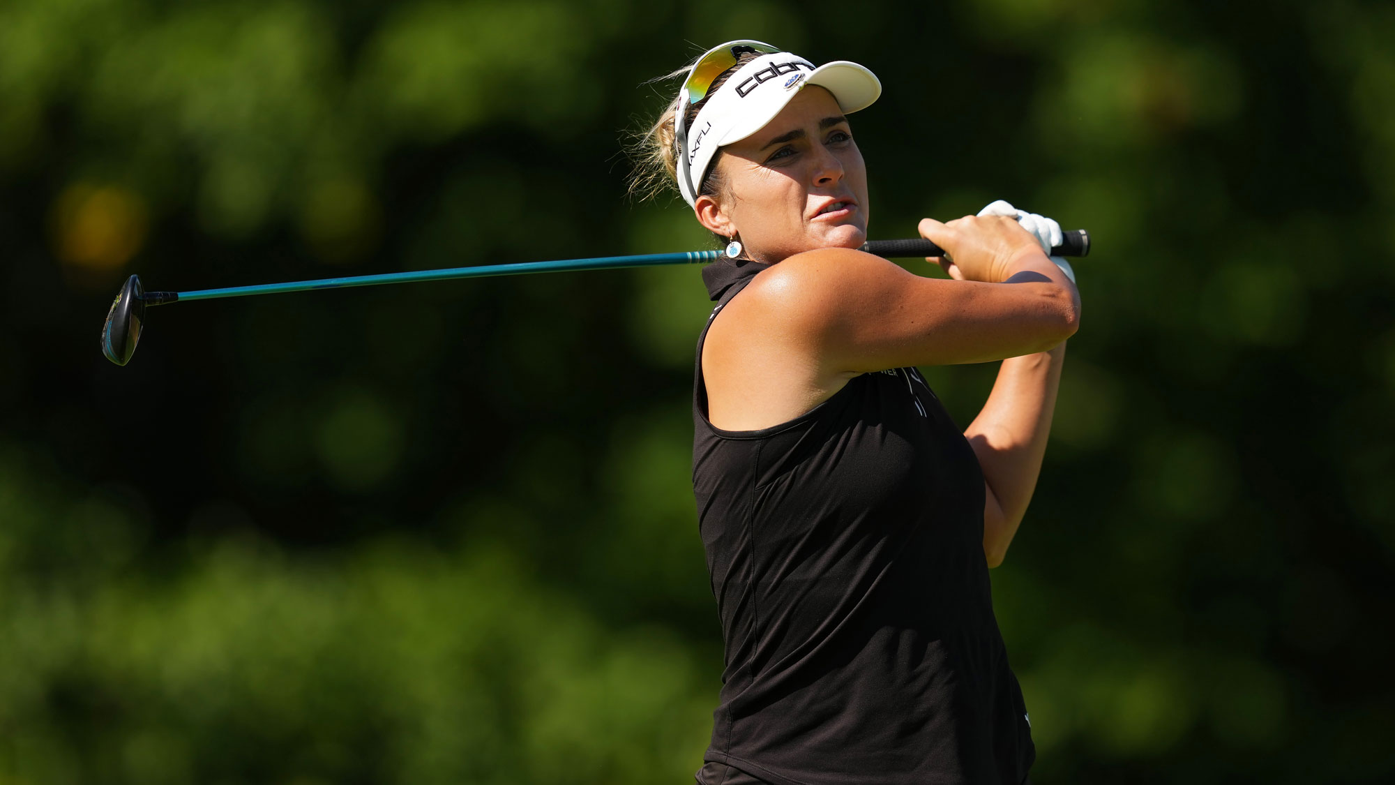 Lexi Thompson of the United States plays a shot from the ninth tee during the second round of the Kroger Queen City Championship presented by P&G 2025 at TPC River's Bend on September 12, 2025 in Cincinnati, Ohio.