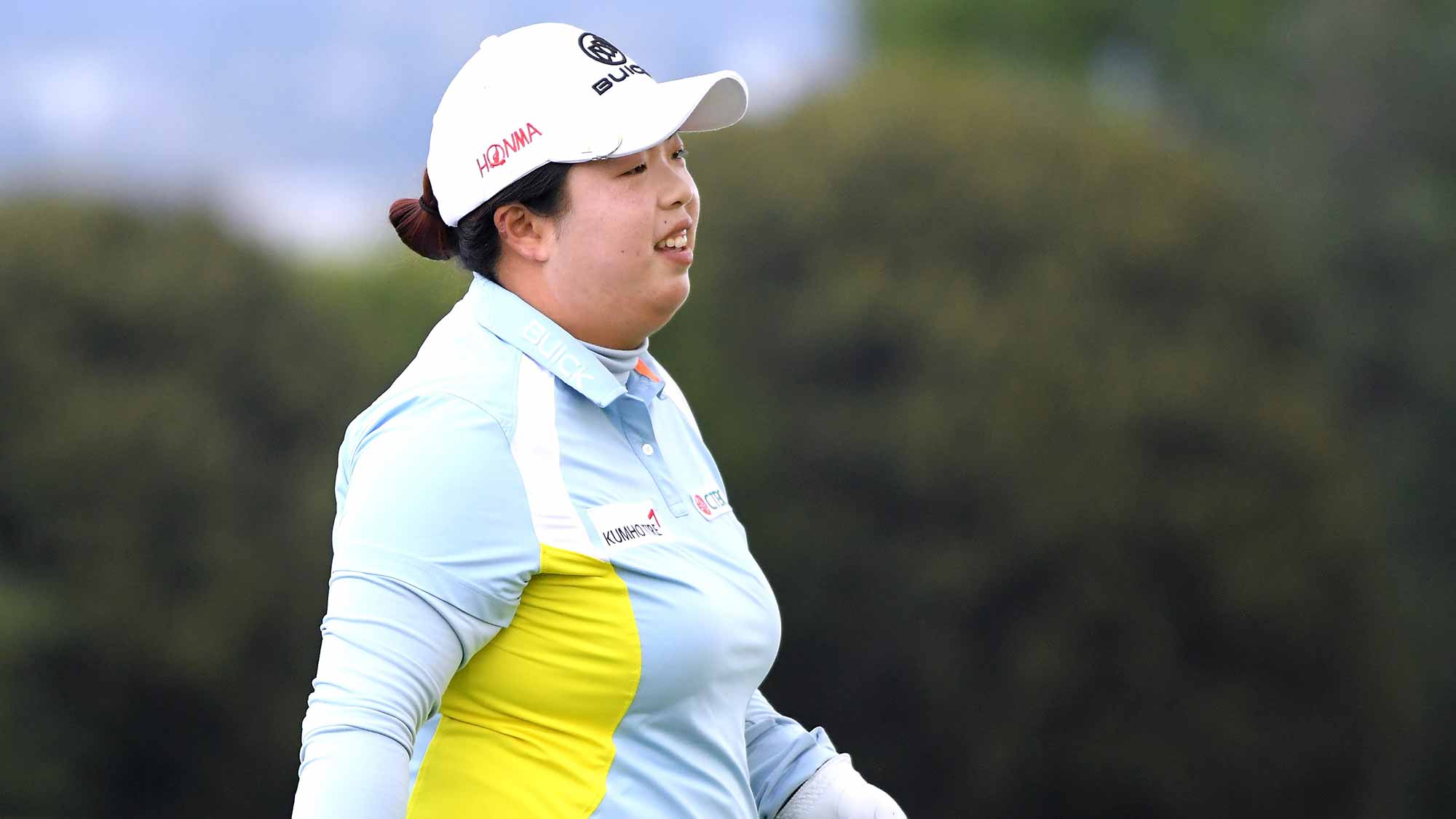 Shanshan Feng of China reacts to her bogey on the 13th green during round one of the Hugel-JTBC LA Open at the Wilshire Country Club on April 19, 2018 in Los Angeles, California