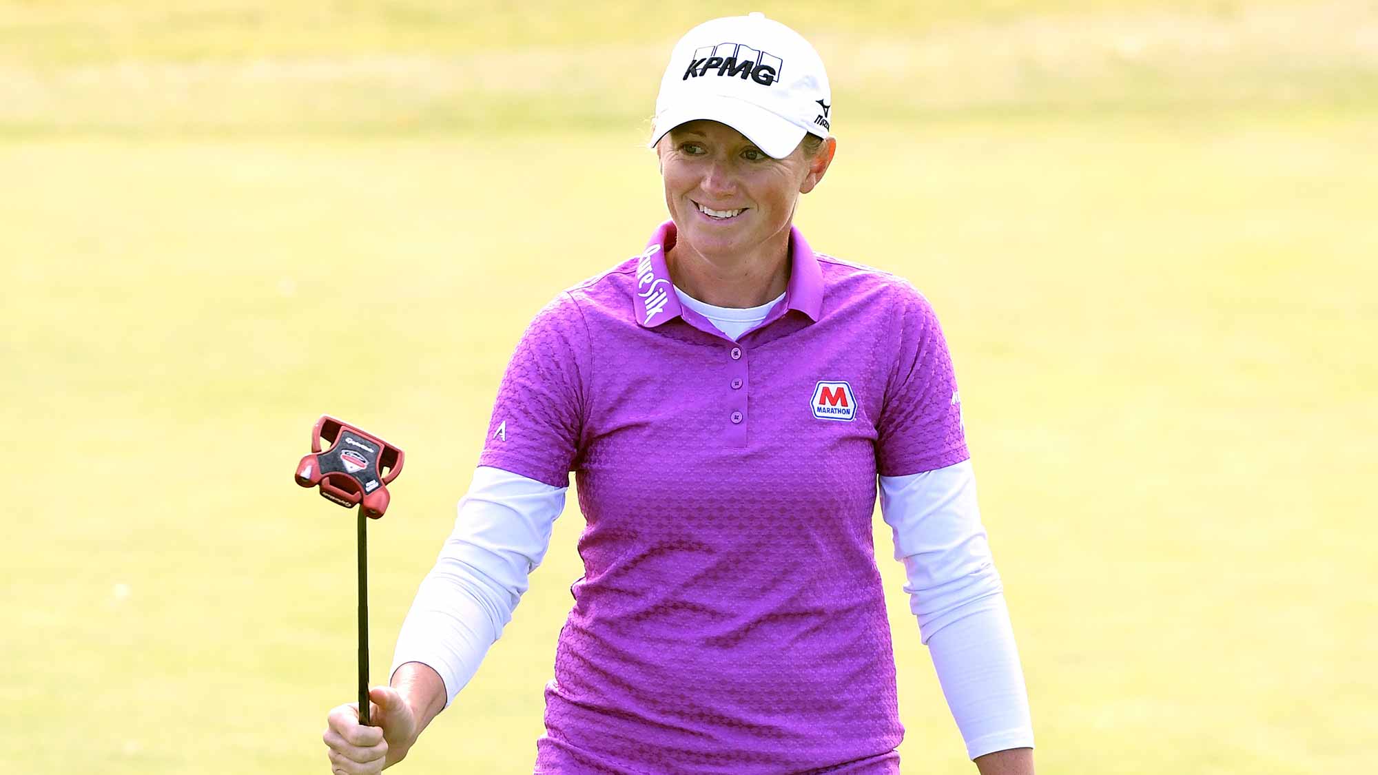Stacy Lewis reacts to her birdie on the 10th green during round one of the Hugel-JTBC LA Open at the Wilshire Country Club on April 19, 2018 in Los Angeles, California
