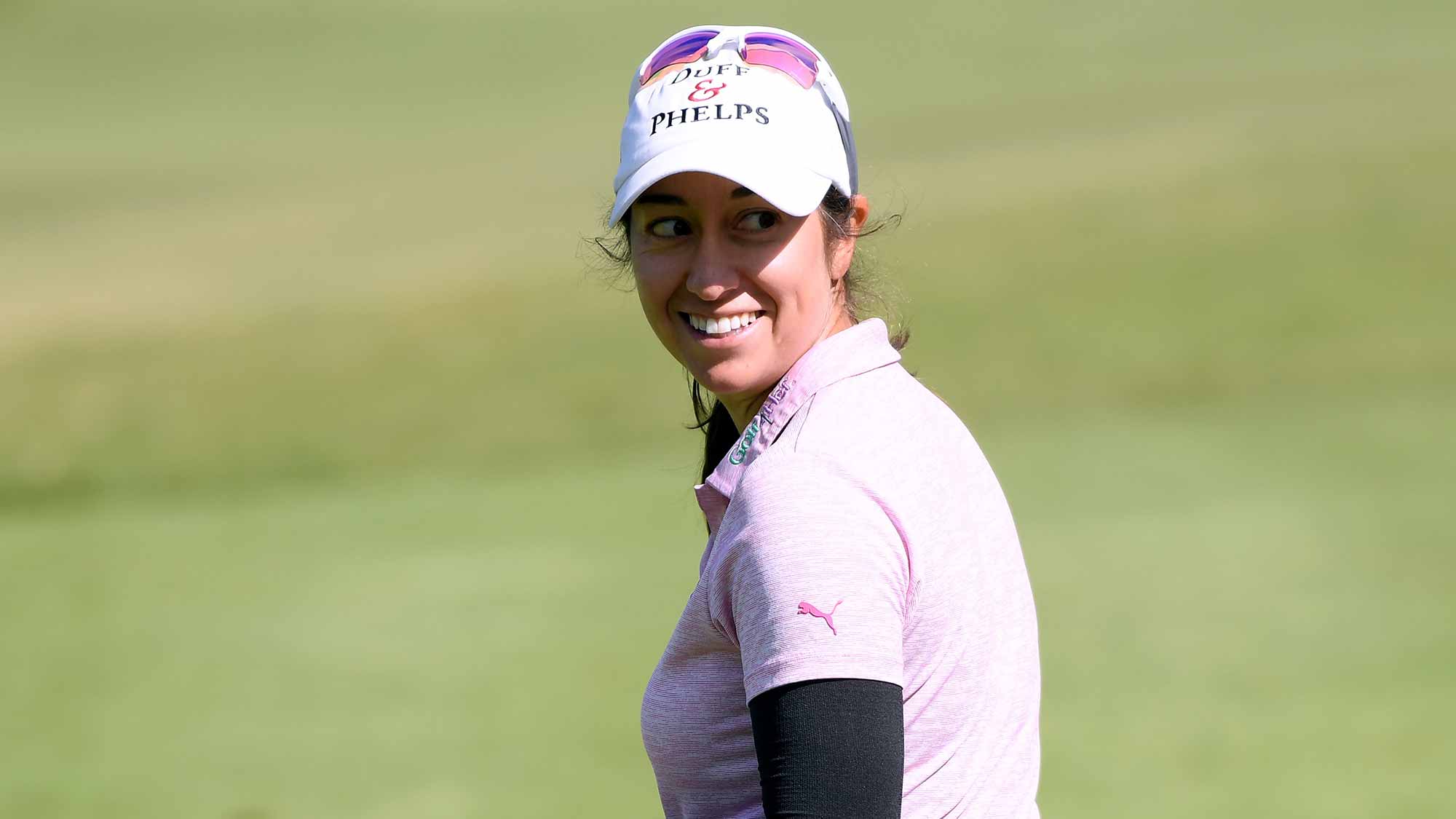 Marina Alex smiles as she comes to the 18th tee box during round two of the Hugel-JTBC LA Open at the Wilshire Country Club on April 20, 2018 in Los Angeles, California