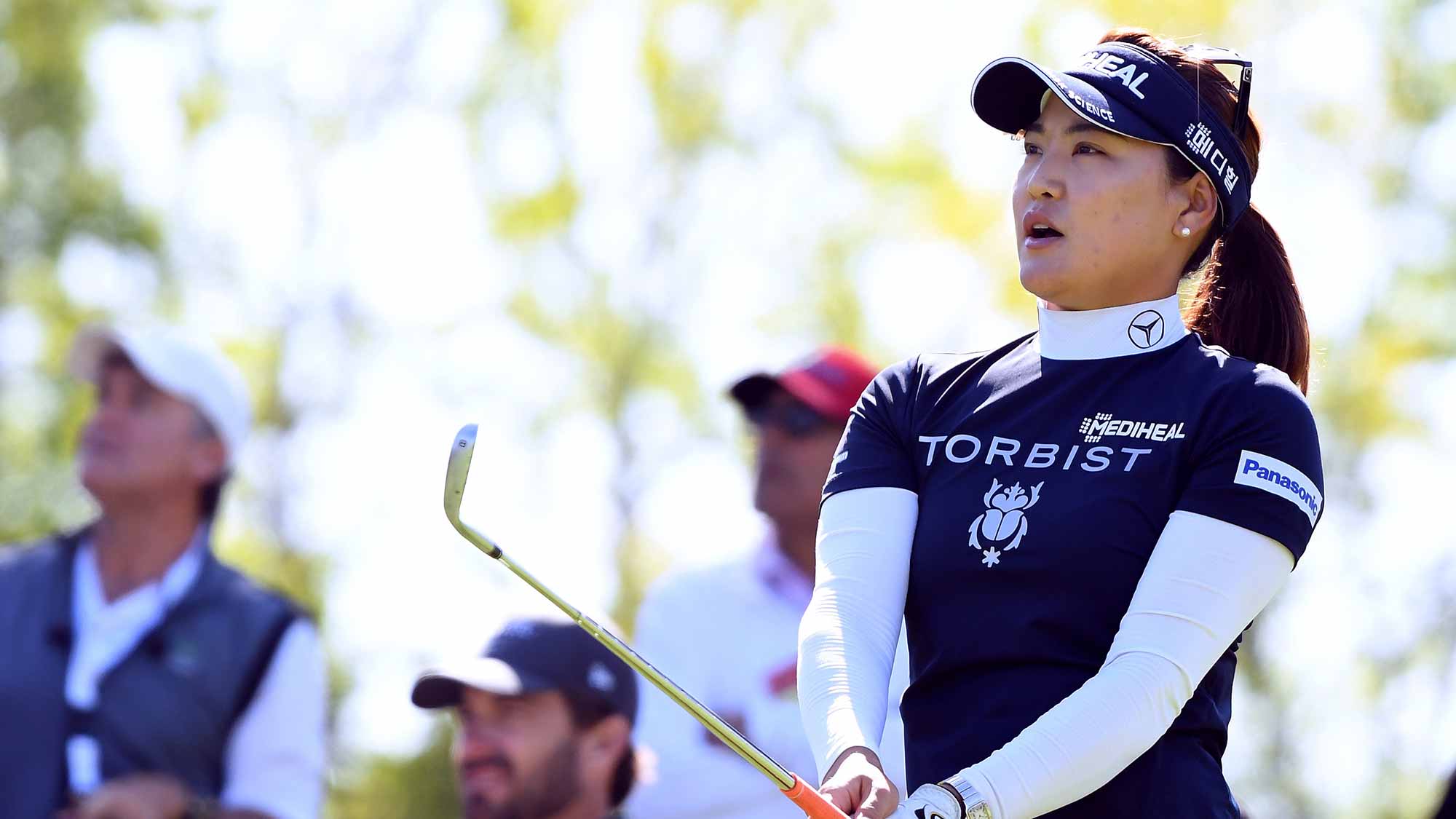 So Yeon Ryu of South Korea watches her tee shot on the 18th hole during round two of the Hugel-JTBC LA Open at the Wilshire Country Club on April 20, 2018 in Los Angeles, California