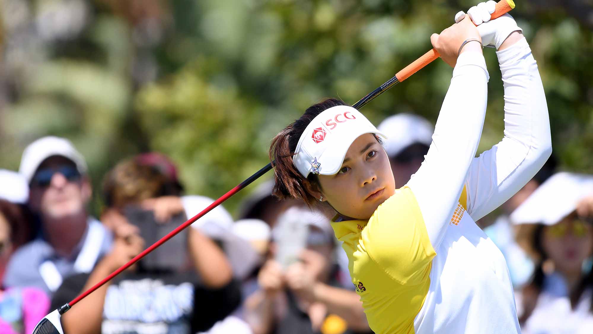 Moriya Jutanugarn of Thailand hits a tee shot on the fifth hole during round four of the Hugel-JTBC LA Open at the Wilshire Country Club on April 22, 2018 in Los Angeles, California