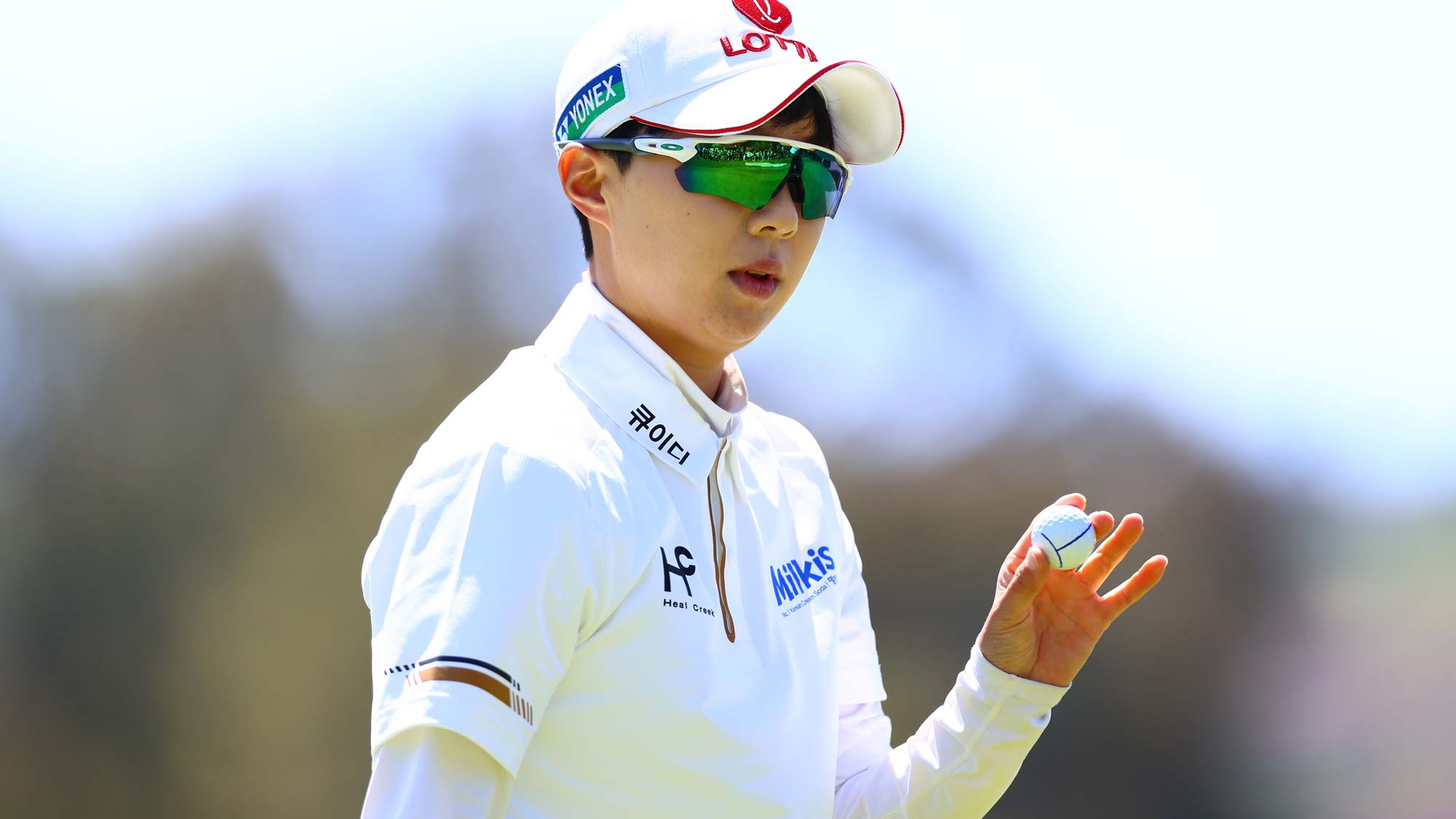 Hyo Joo Kim of South Korea reacts after putting on the second green during the final round of the DIO Implant LA Open