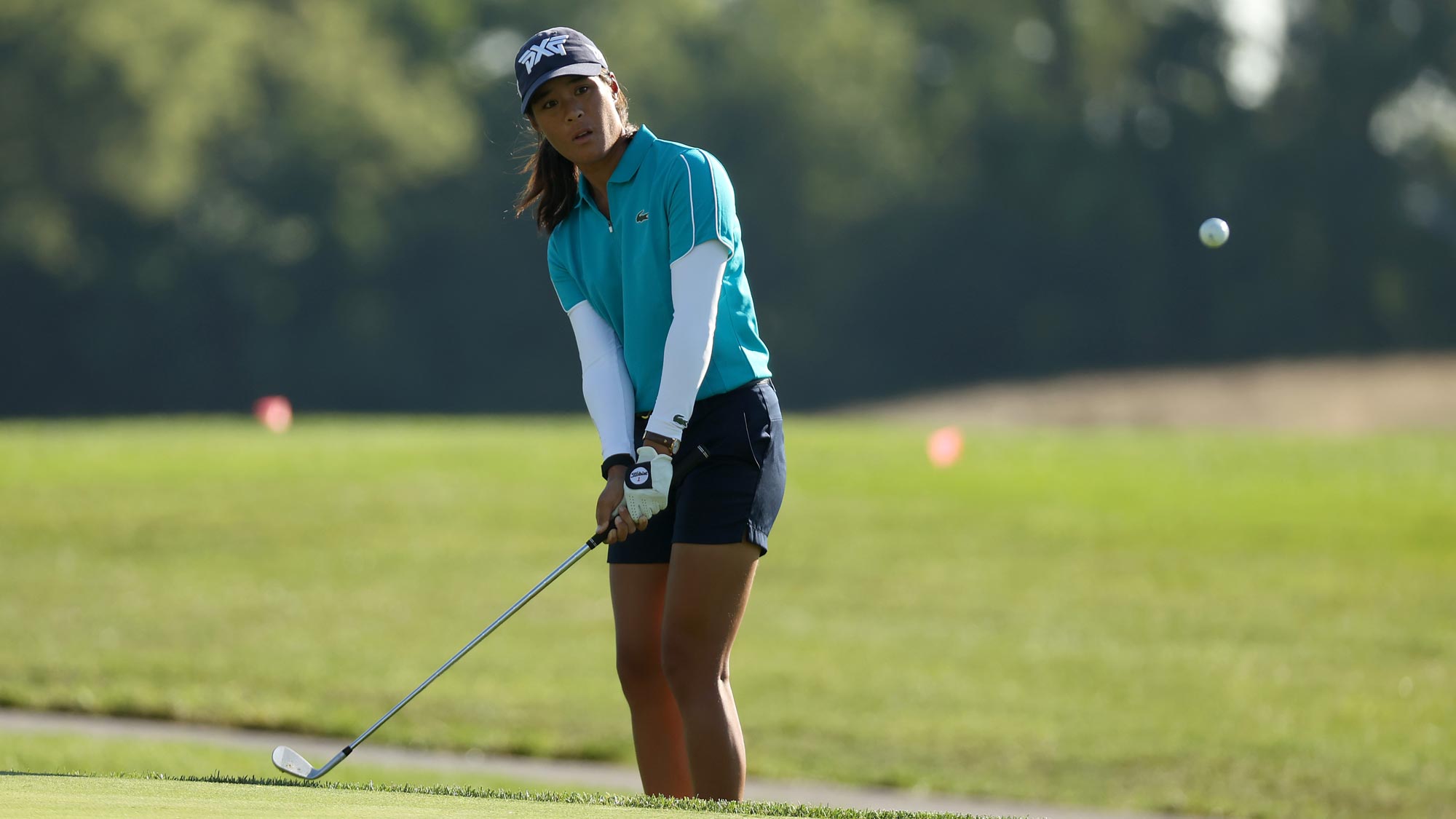Celine Boutier of France plays her approach shot on the 16th hole during the final round of the LPGA Drive On Championship