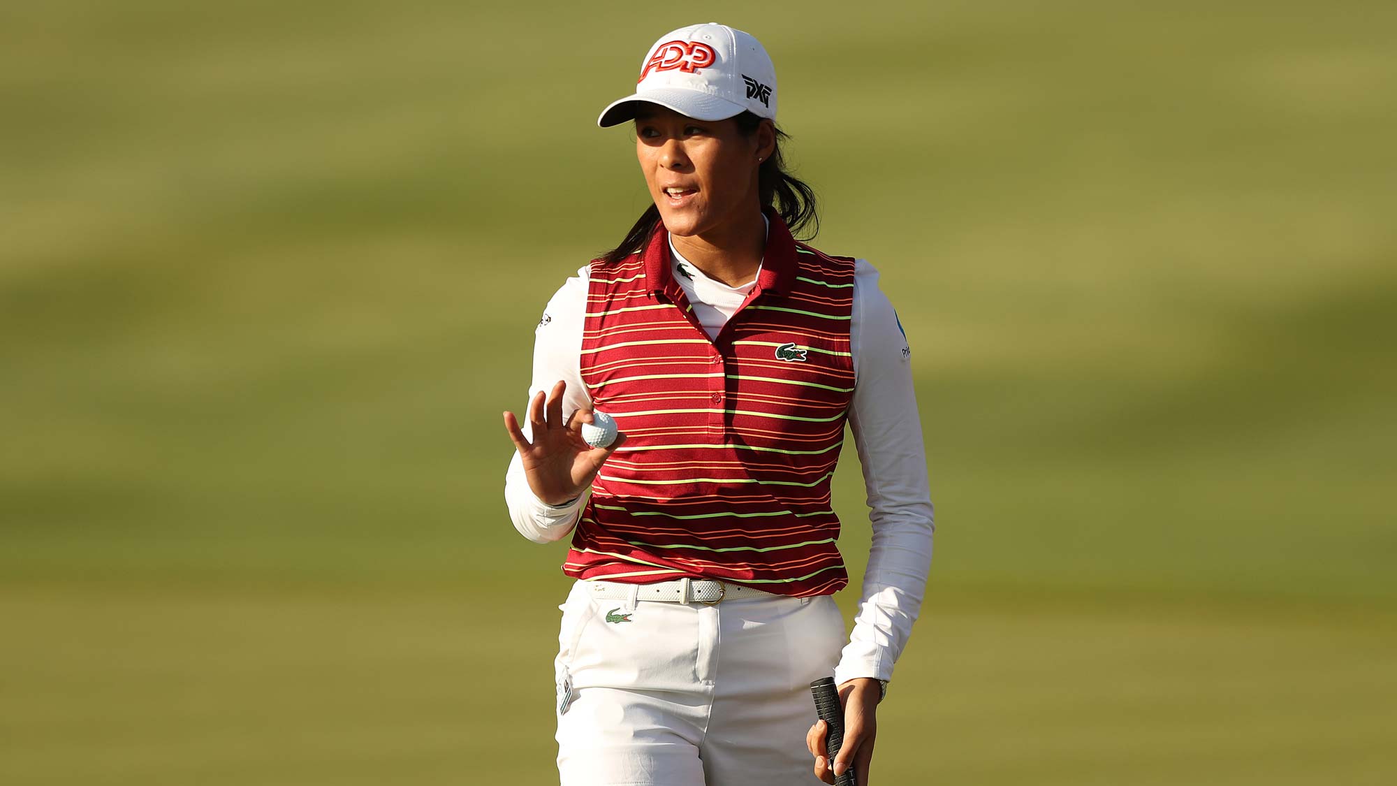 Celine Boutier of France reacts on the 18th green during the third round of the LPGA Drive On Championship