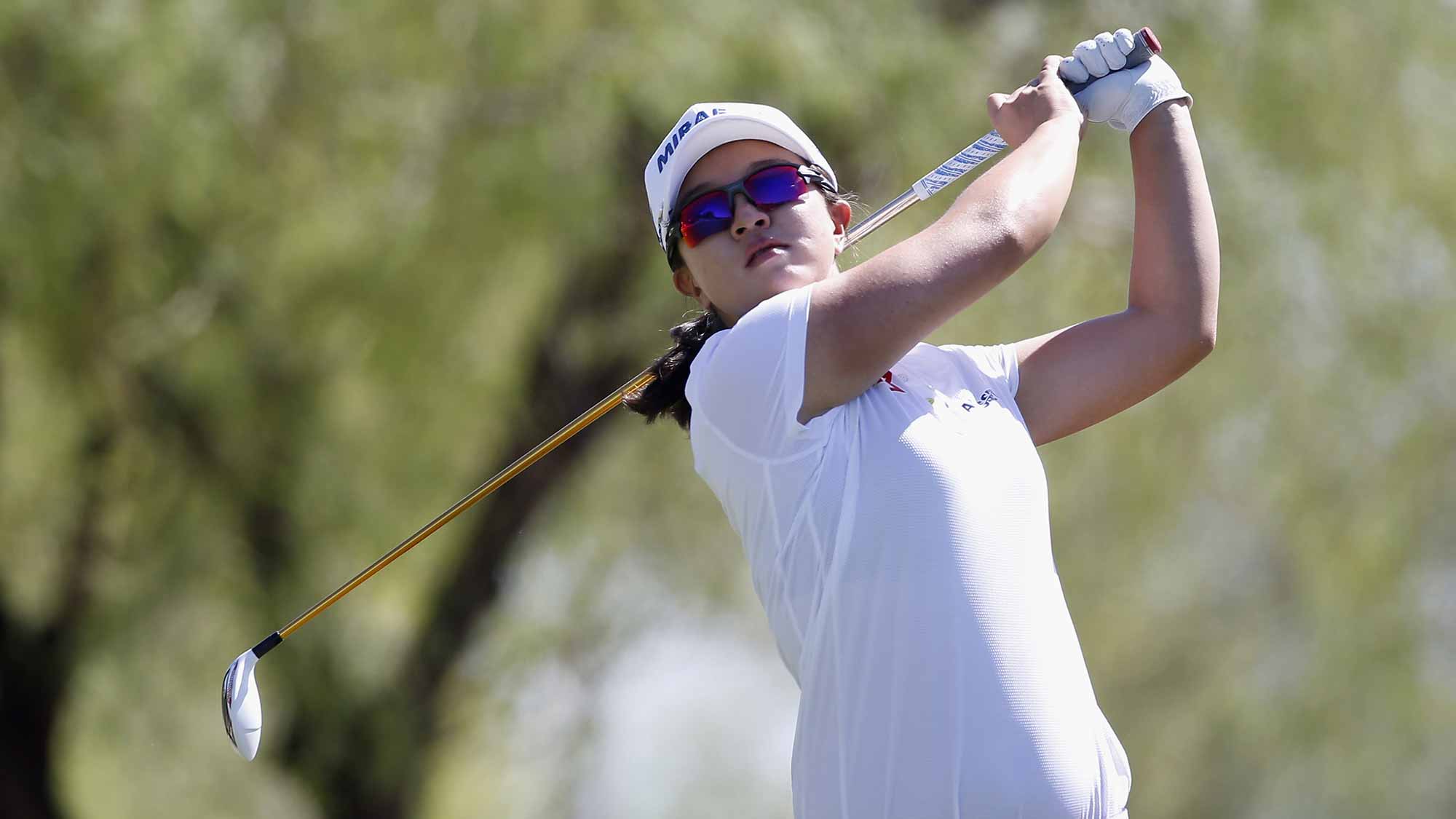 Sei Young Kim of South Korea tees off on the third hole during the final round of the LPGA JTBC Founders Cup at Wildfire Golf Club