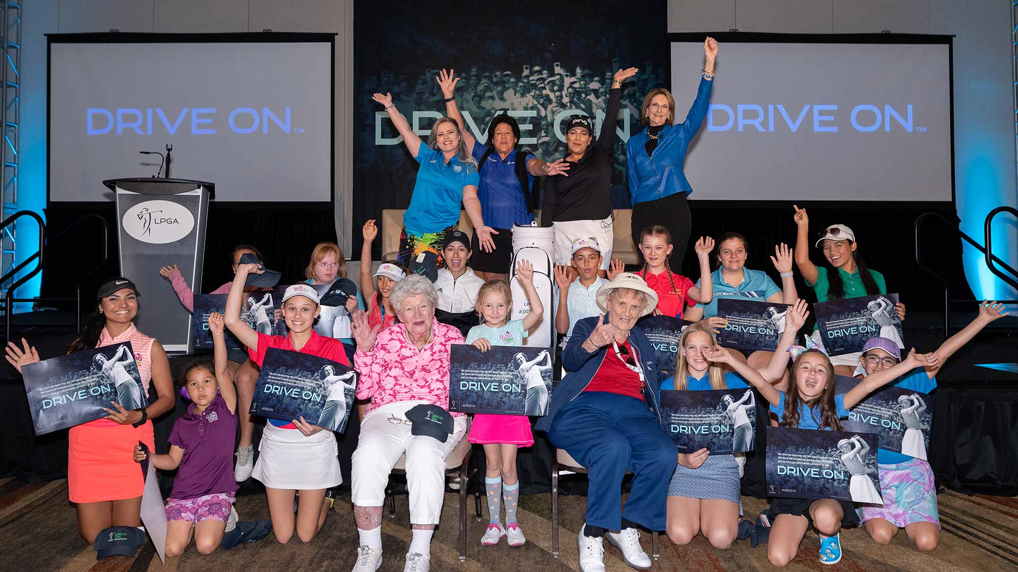 Stephanie Peareth, Nancy Lopez, Lizette Salas and Roberta Bowman and (bottom L-R) LPGA co-founders Marilynn Smith and Shirley Spork pose for a photo during the LPGA Announcement of new brand positioning encouraging girls to #DriveOn at JW Marriott Phoenix Desert Ridge on March 20, 2019 in Phoenix, Arizona