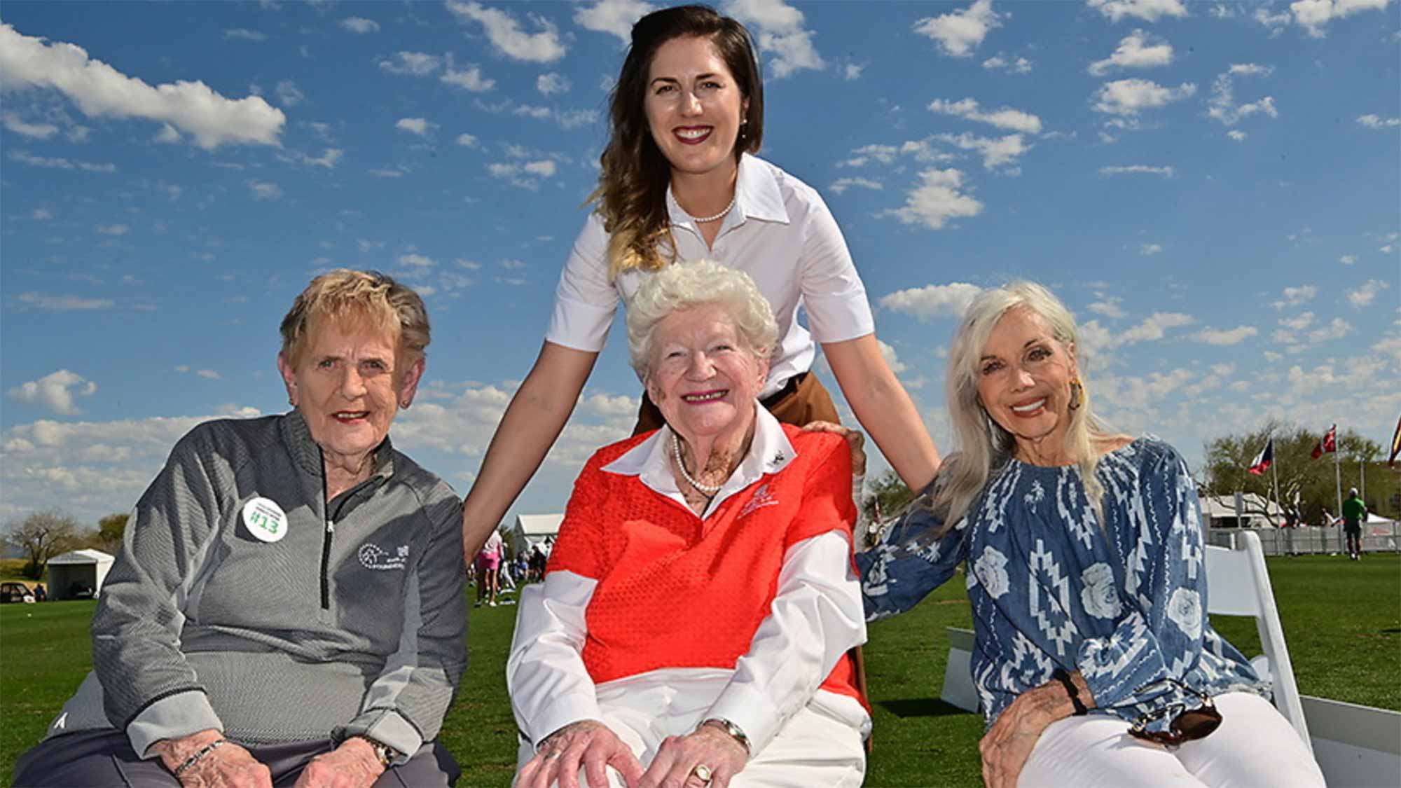 Sandra Gal poses with LPGA Founders Shirley Spork, Marilynn Smith and Marlene Bauer Hagge during the 2019 Bank of Hope Founders Cup