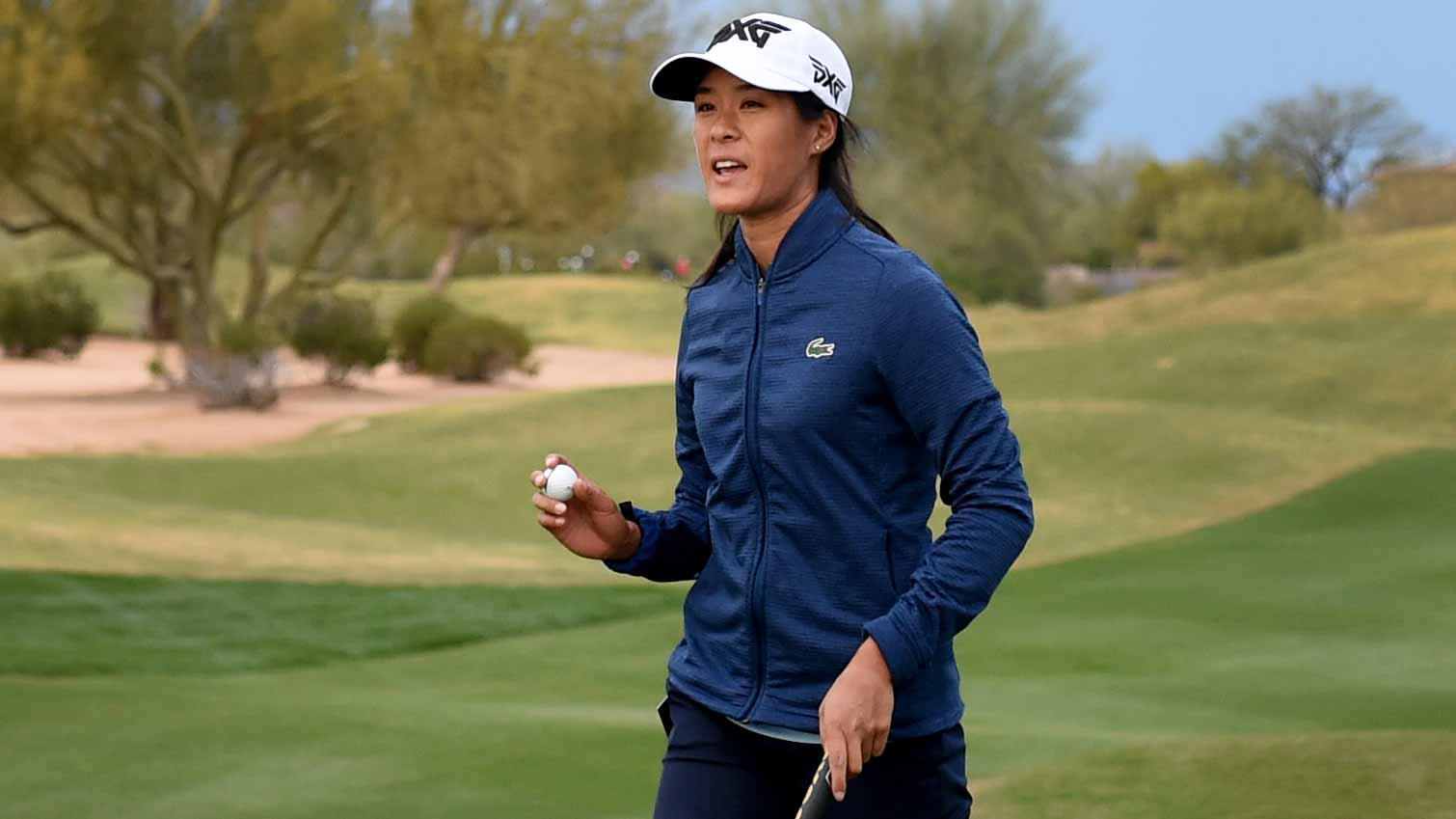 Celine Boutier of France reacts after sinking a putt on the ninth hole to take the lead during the first round of the Bank of Hope Founders Cup at the Wildfire Golf Club on March 21, 2019 in Phoenix, Arizon