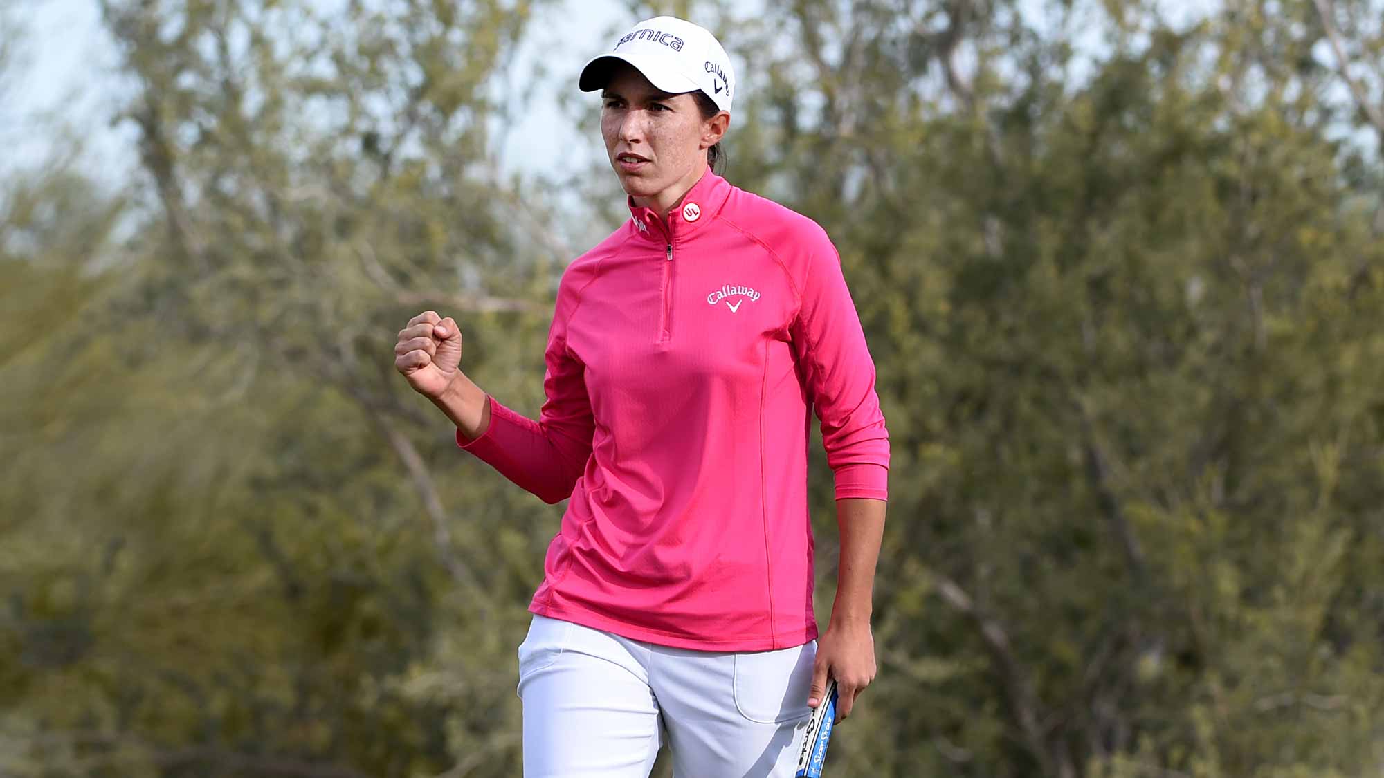 Carlota Ciganda of Spain reacts after hitting her birdie putt on the 18th hole during the third round of the Bank Of Hope Founders Cup at the Wildfire Golf Club on March 23, 2019 in Phoenix, Arizona