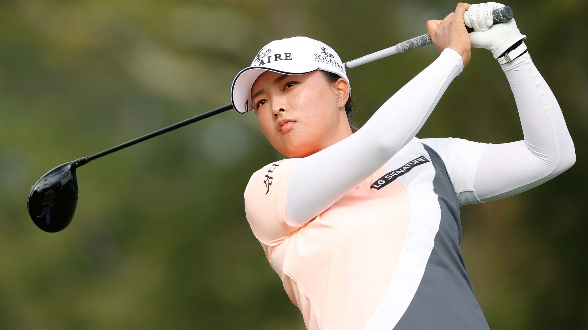Jin Young Ko of Korea hits her tee shot on the 11th hole during the second round of the Cognizant Founders Cup