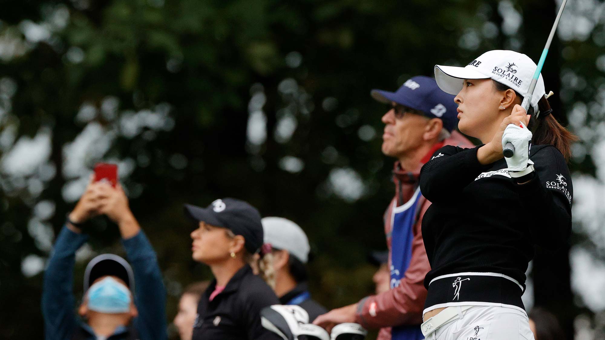 Jin Young Ko of Korea hits their tee shot on the 13th hole during the third round of the Cognizant Founders Cup