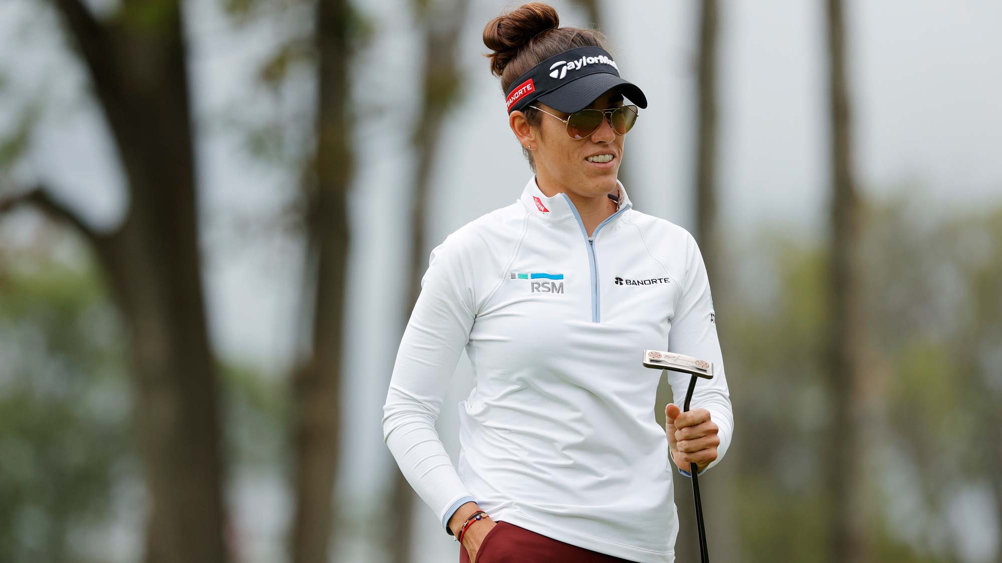 Maria Fassi of Mexico reacts after a putt on the 1st green during the third round of the Cognizant Founders Cup