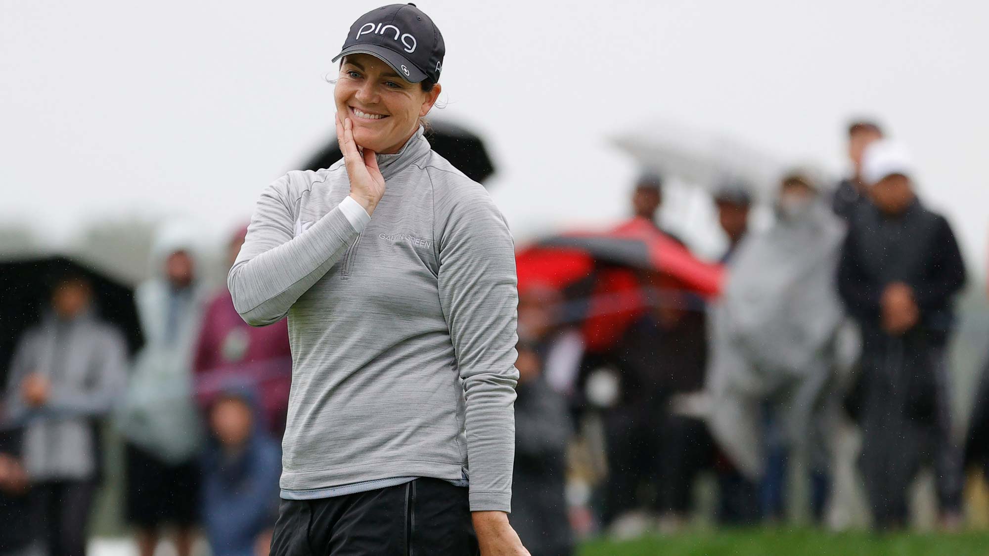 Caroline Masson of Germany reacts after her putt on the 18th green during the final round of the Cognizant Founders Cup