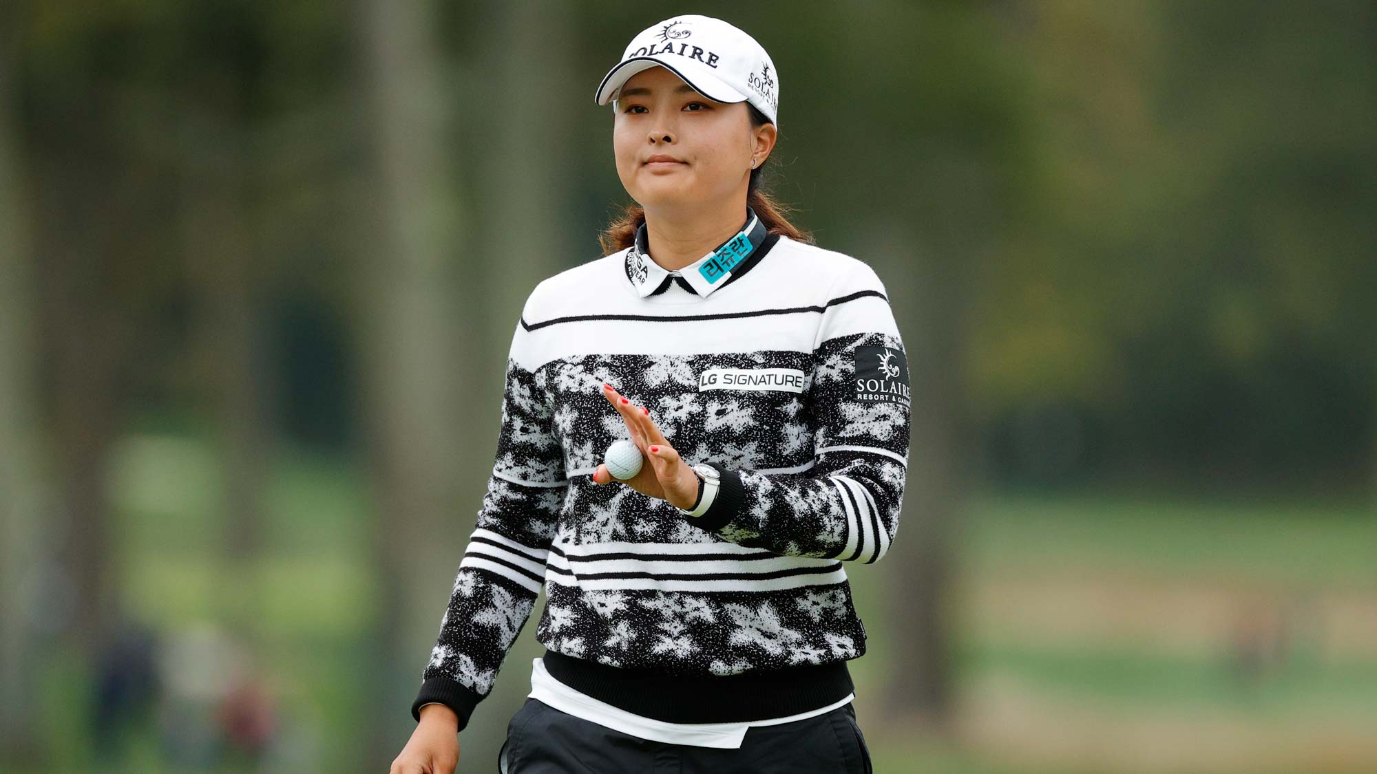 Jin Young Ko of Korea reacts after a putt on the 5th hole during the final round of the Cognizant Founders Cup