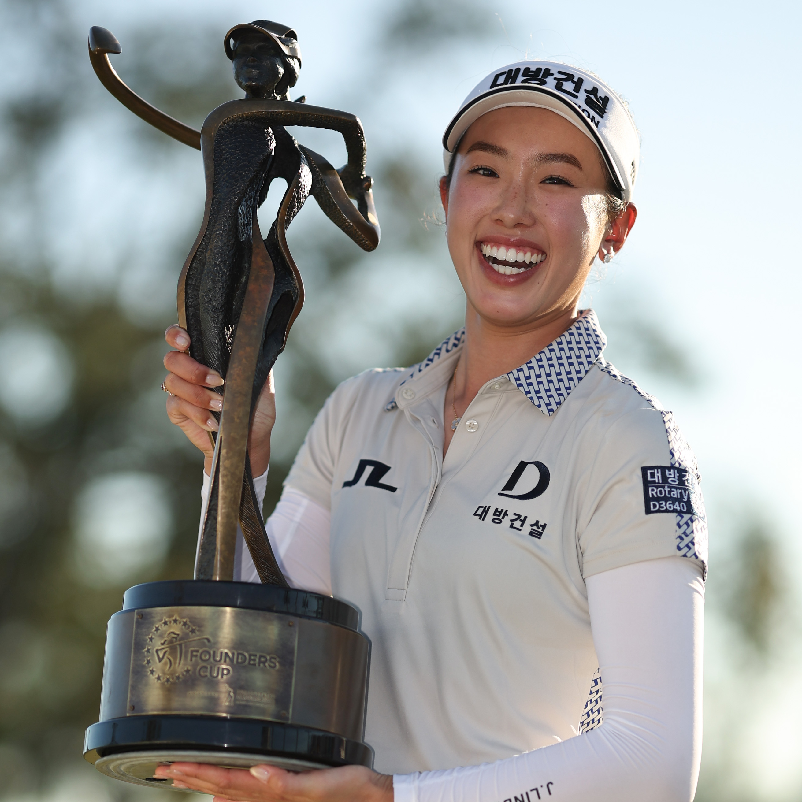 Yealimi Noh of the United States poses for photo with the trophy after winning the Founders Cup presented by U.S. Virgin Islands 2025 at Bradenton Country Club on February 09, 2025 in Bradenton, Florida.