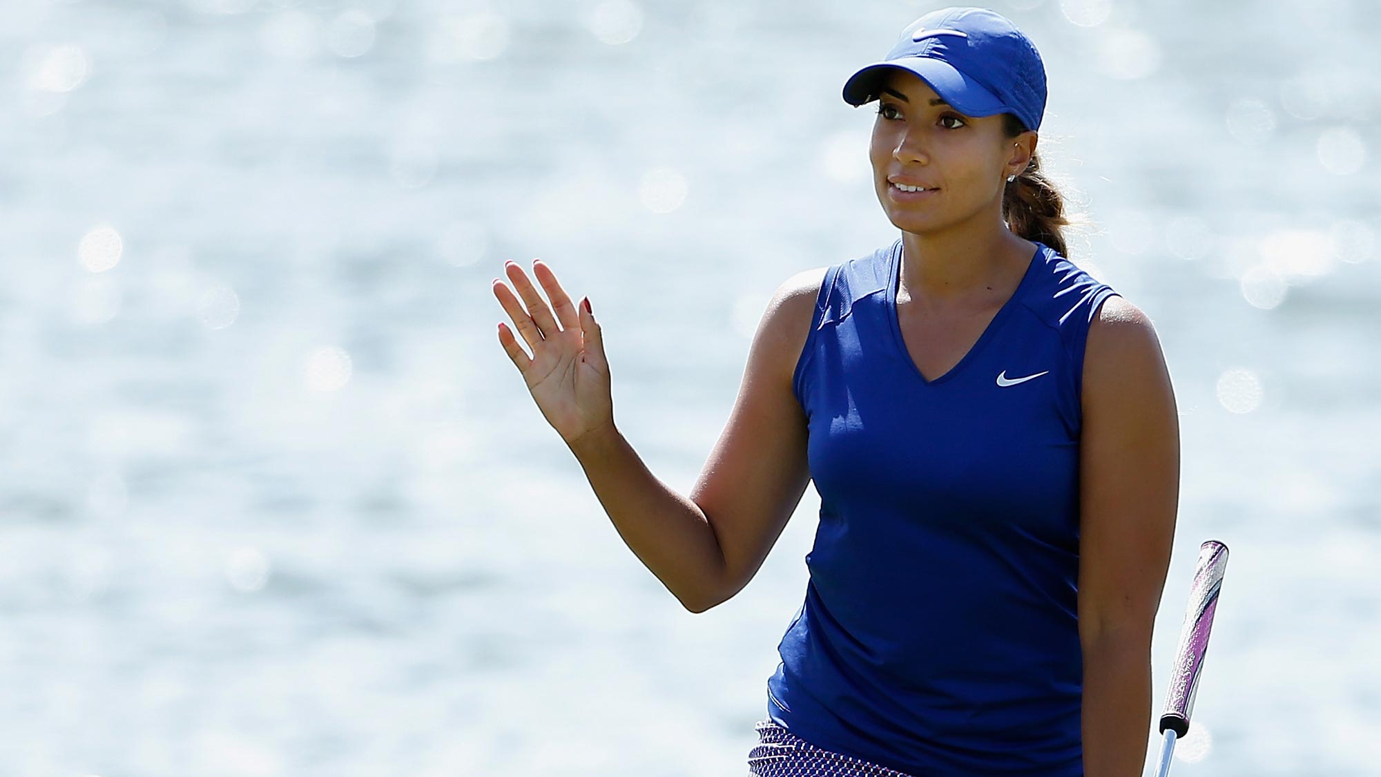 Cheyenne Woods reacts after a par putt on the 18th green during the first round of the LPGA LOTTE Championship Presented By Hershey