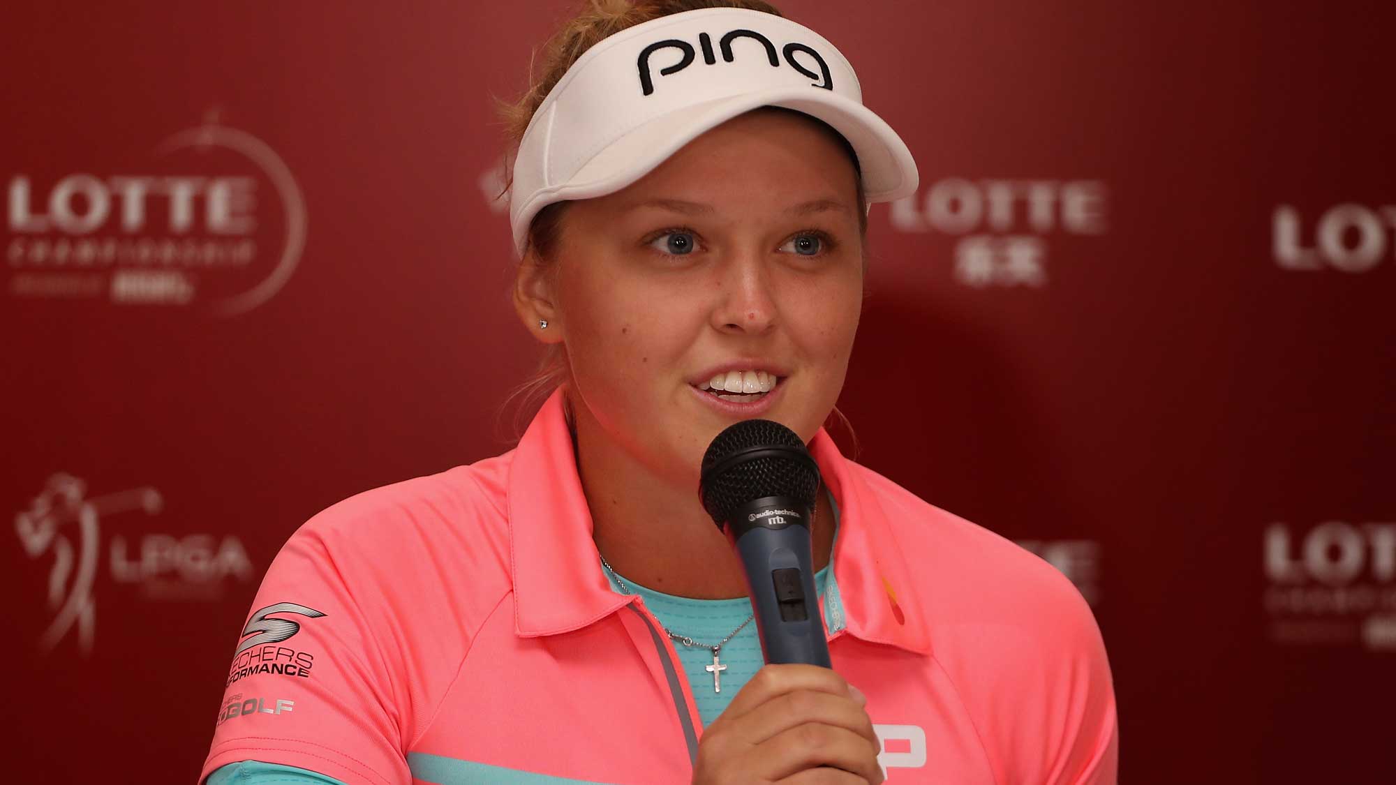 Brooke M. Henderson of Canada speaks at a press conference ahead of the LPGA LOTTE Championship Presented By Hershey