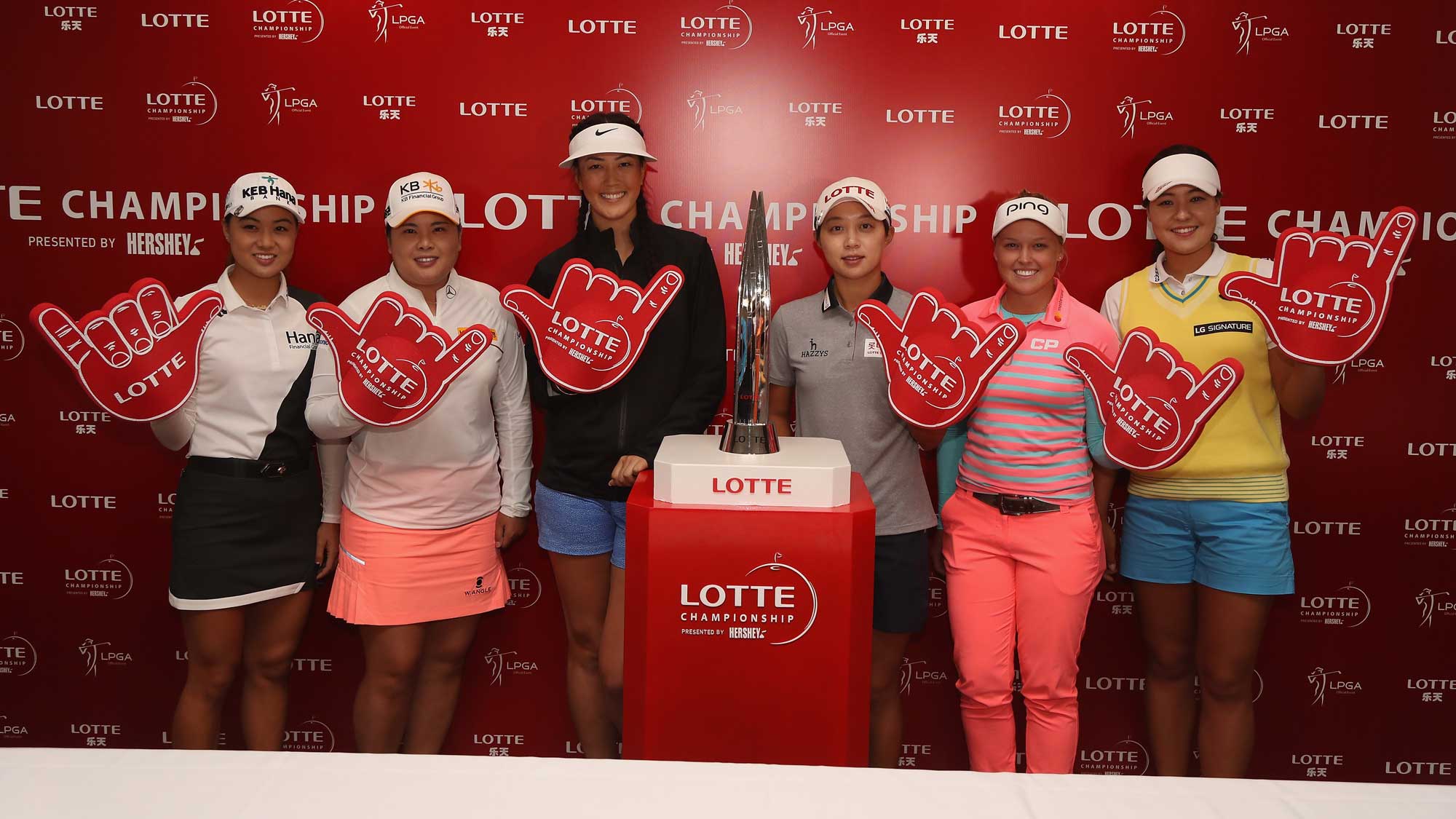 (L-R) Minjee Lee, Inbee Park, Michelle Wie, Hyo Joo Kim, Brooke M. Henderson and In Gee Chun pose together at a press conference ahead of the LPGA LOTTE Championship Presented By Hershey at Ko Olina Golf Club