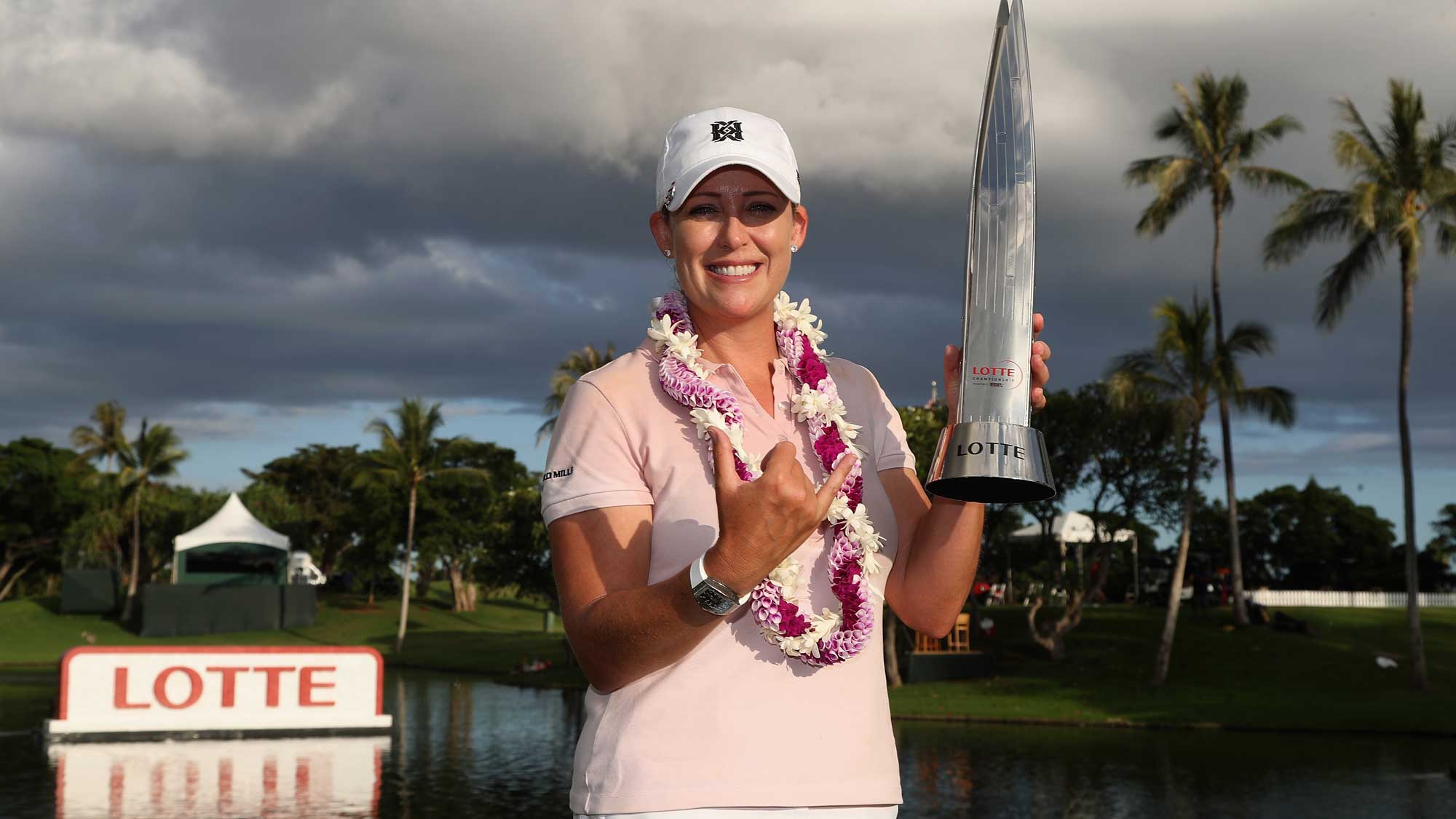 Cristie Kerr poses with the trophy after winning in the final round of the LPGA LOTTE Championship Presented By Hershey