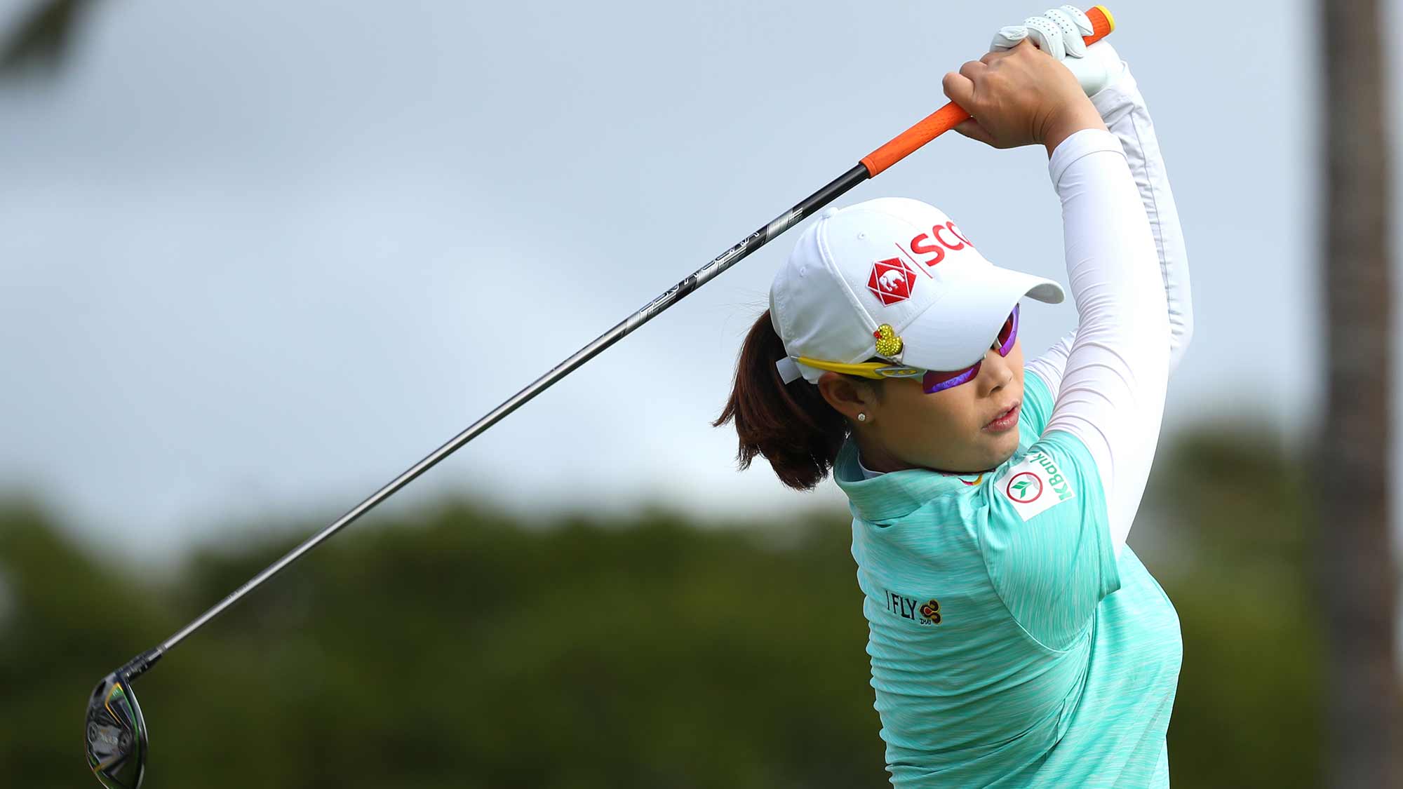 Moriya Jutanugarn of Thailand watches her tee shot on the second hole during the first round of the LOTTE Championship on April 18, 2019 in Kapolei, Hawaii. 