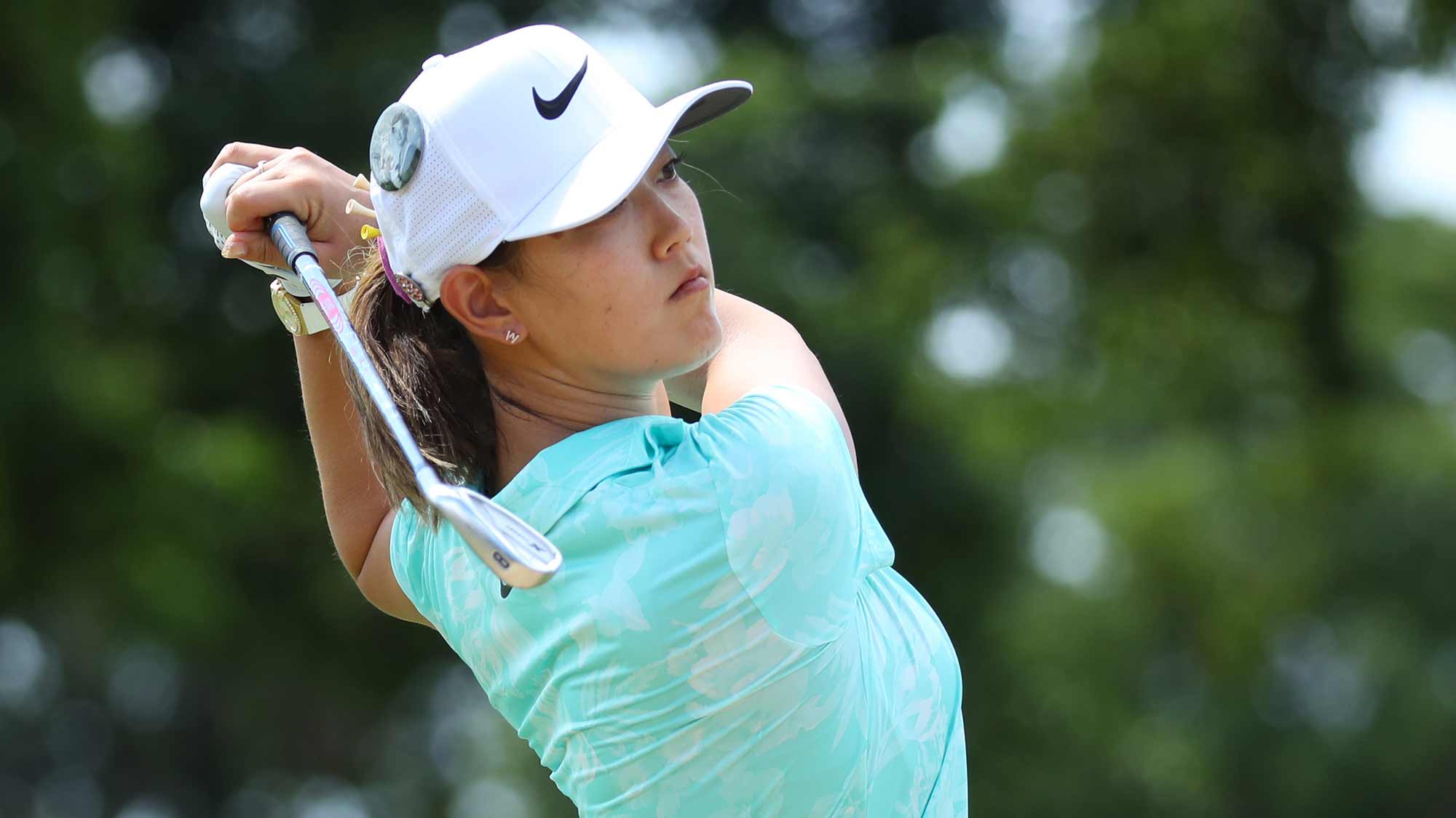 Michelle Wie watches her second shot on the 18th hole during the second round of the LOTTE Championship on April 19, 2019 in Kapolei, Hawaii