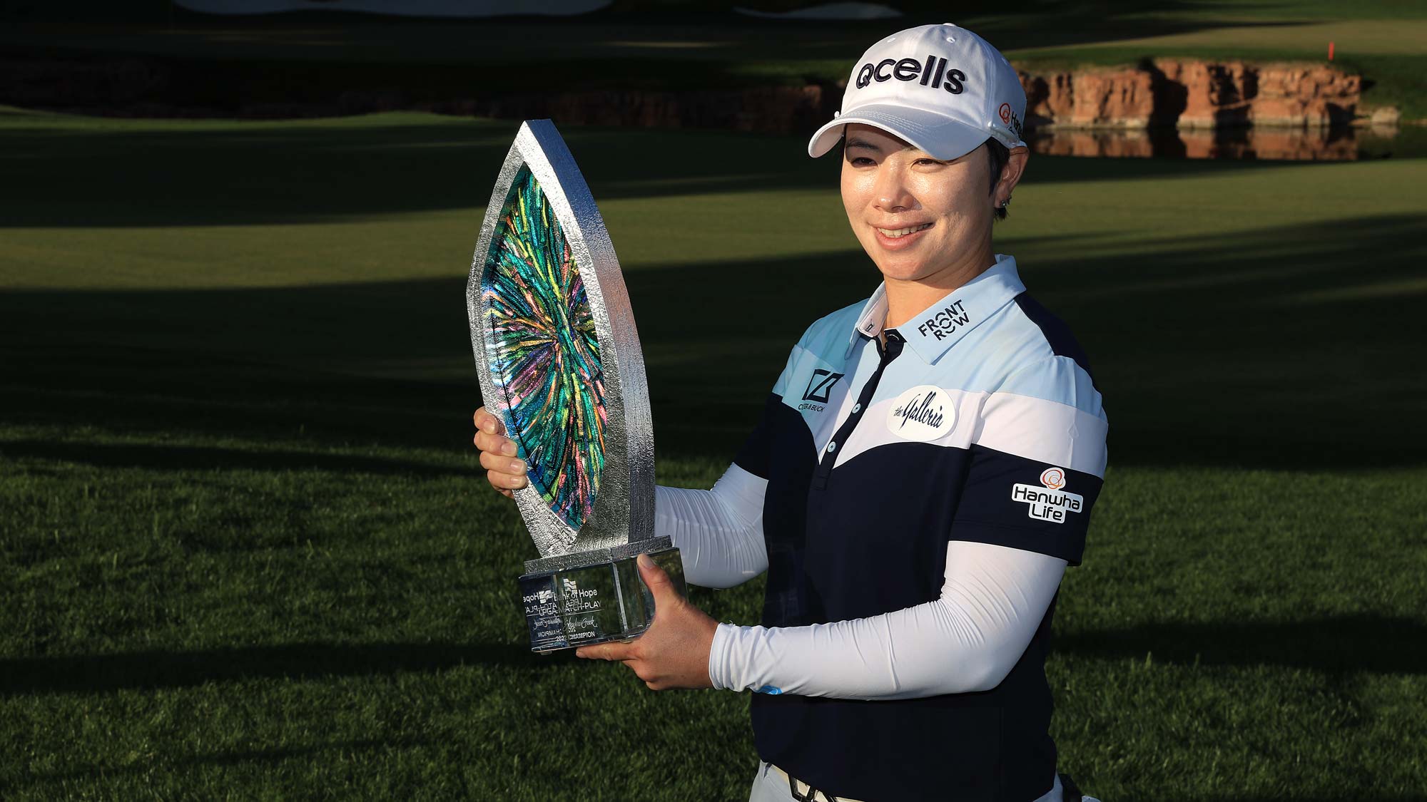 Eun-Hee Ji of South Korea poses with the champions trophy after defeating Ayaka Furue of Japan 3&2 in the Bank of Hope LPGA Match-Play Hosted by Shadow Creek